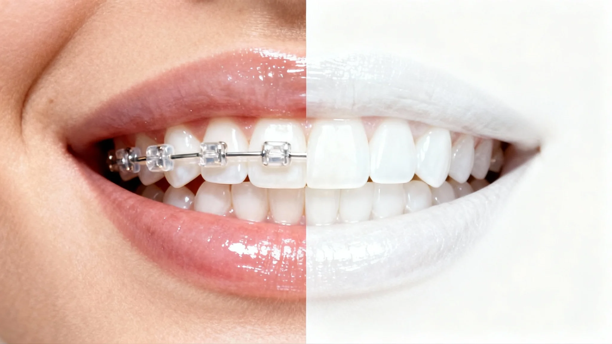 A close-up split image showcasing the effect of modern braces. The left side features a smile with clear ceramic braces, and the right side shows the same smile with perfectly straight, white teeth after treatment.