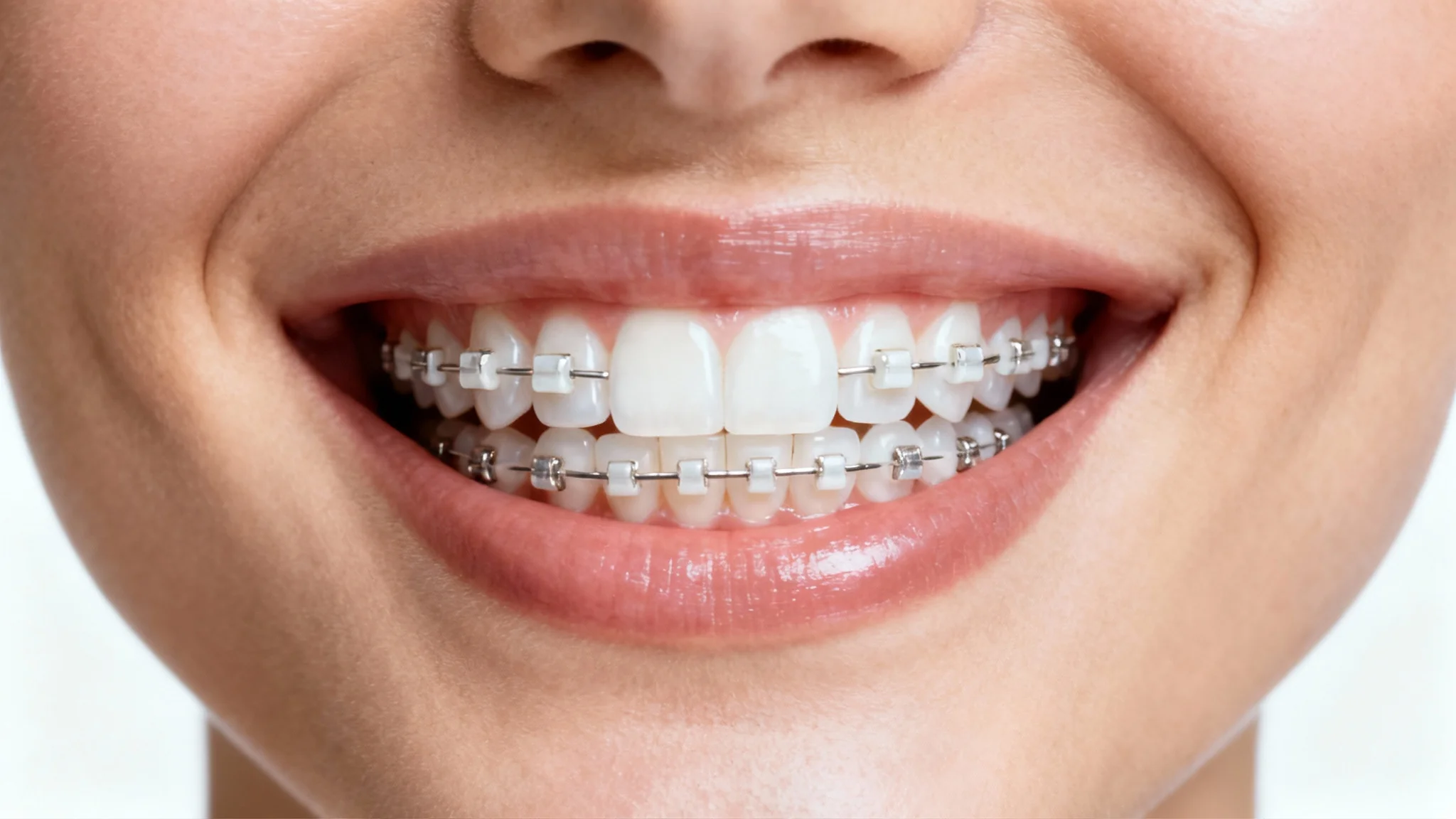 A close-up of a person's bright, happy smile, showing perfectly straight teeth with modern, clear ceramic braces against a clean white background.