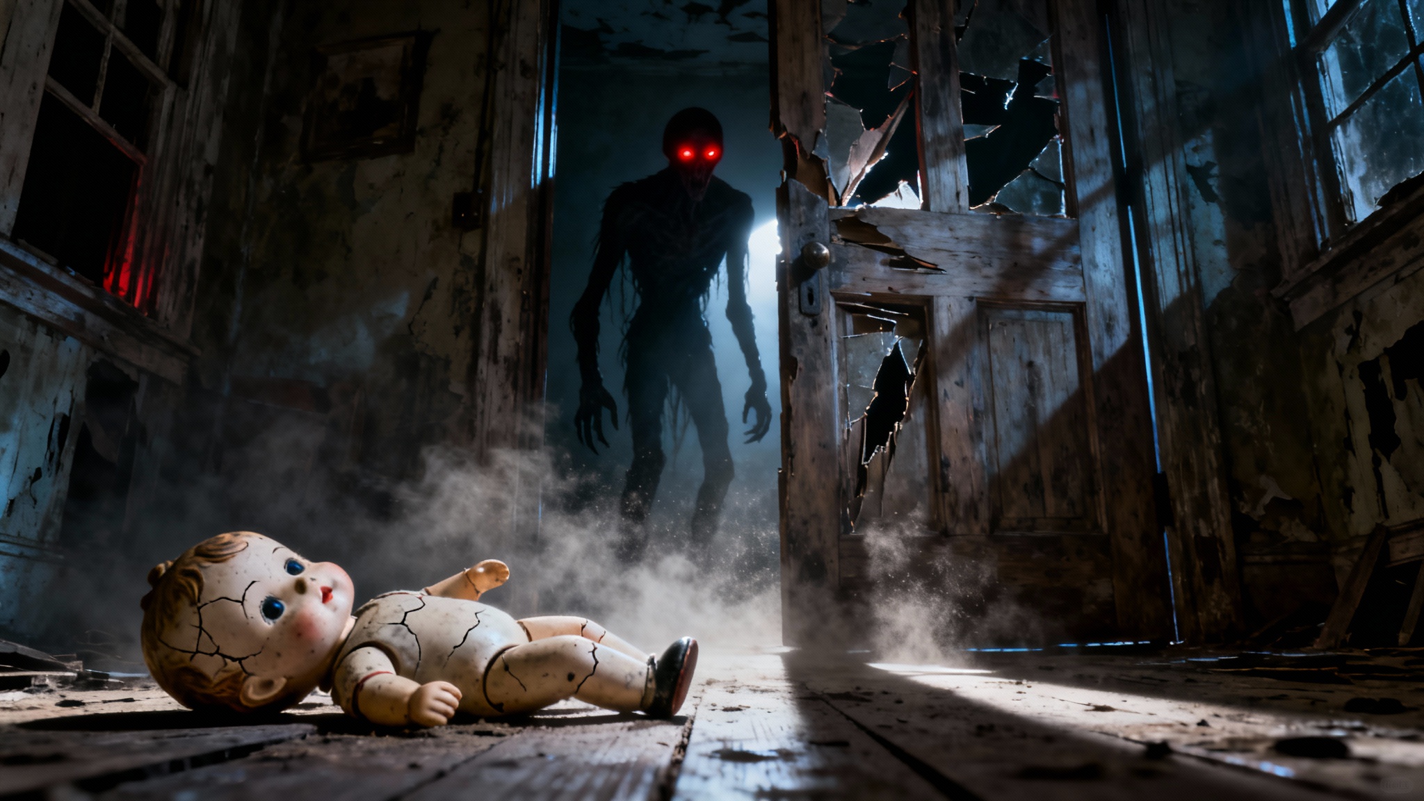 A cinematic and terrifying horror scene in an abandoned house. A shadowy creature with glowing red eyes peeks from behind a door, as a creepy doll lies on the floor in the foreground.
