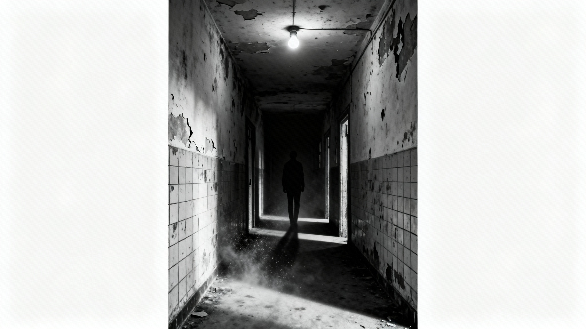 A terrifying horror scene depicting a long, dark hallway in an abandoned building with a menacing silhouette at the end, presented as a mockup on a white background.