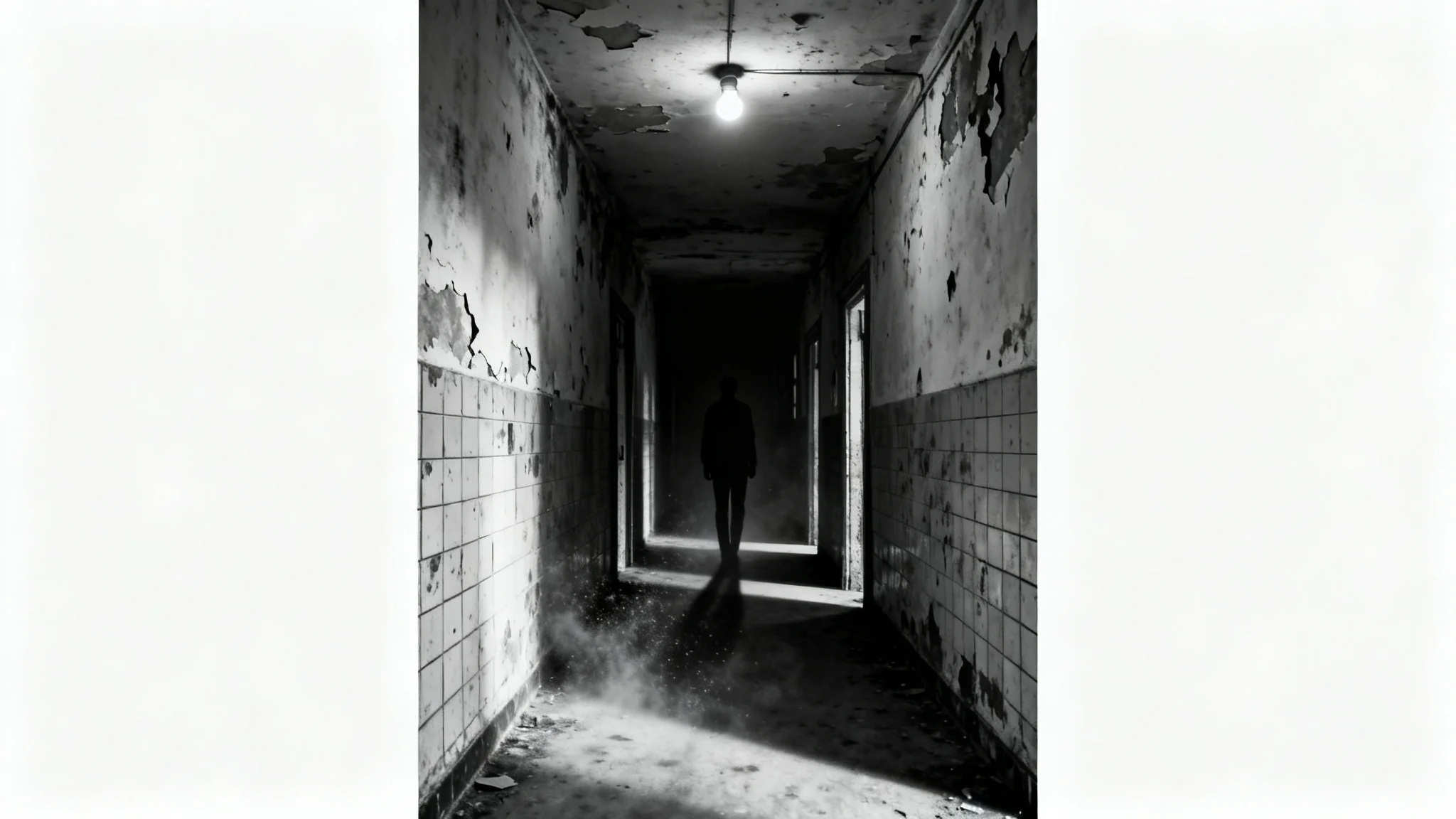 A terrifying horror scene depicting a long, dark hallway in an abandoned building with a menacing silhouette at the end, presented as a mockup on a white background.