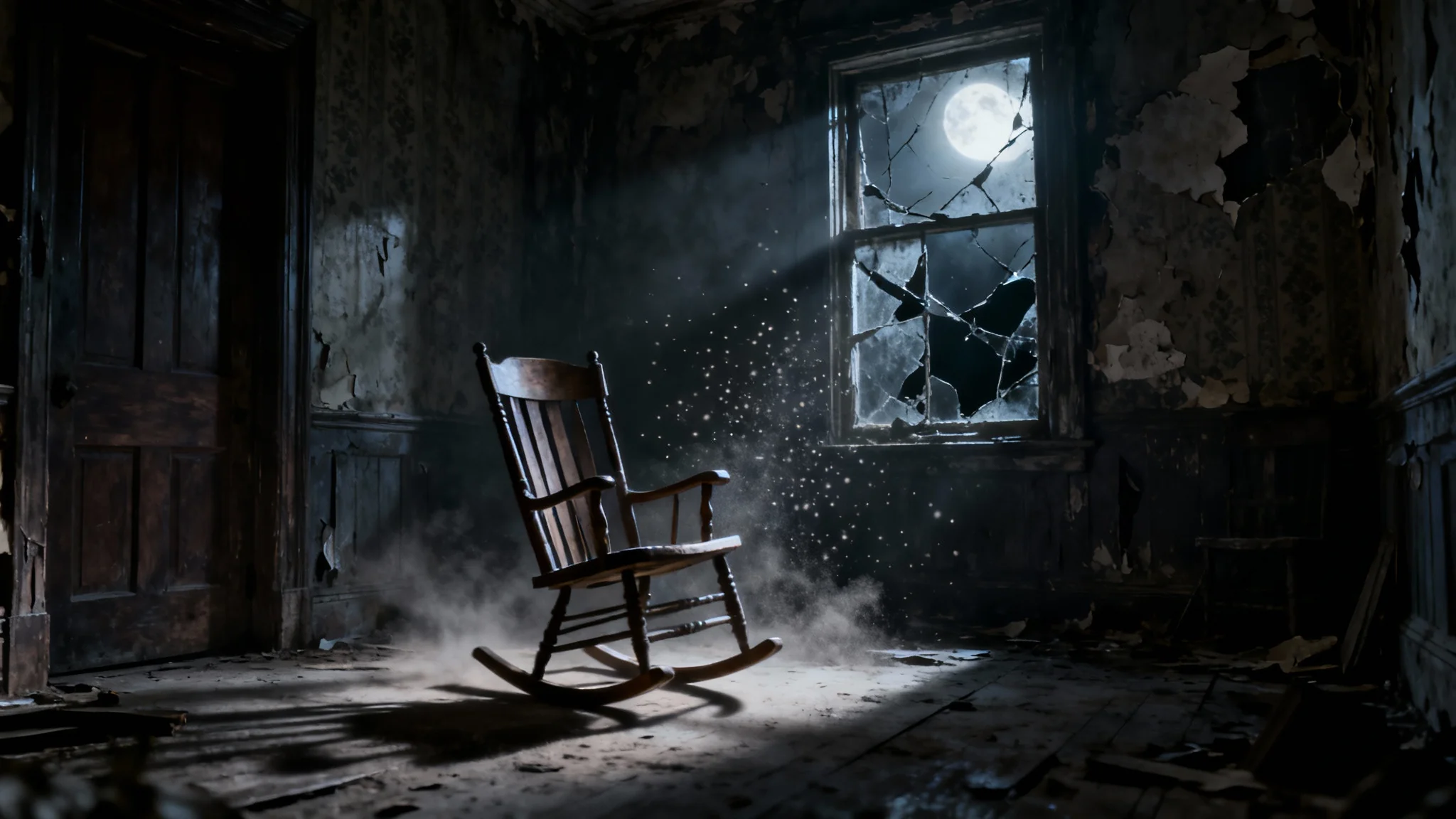 A photorealistic horror scene inside a dark, abandoned room, where a single rocking chair moves by itself in a sliver of moonlight.