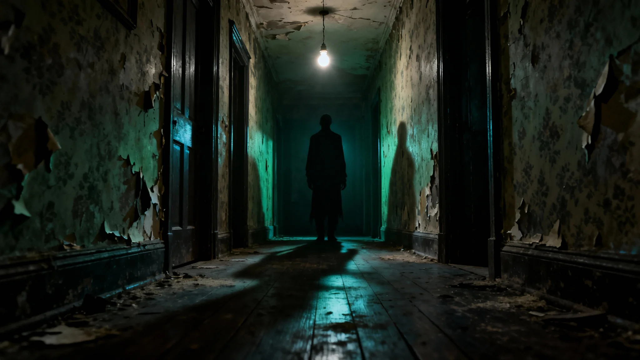 A photorealistic image of a classic horror scene depicting a long, dark hallway with a menacing, silhouetted figure standing at the end, creating a feeling of suspense and dread.