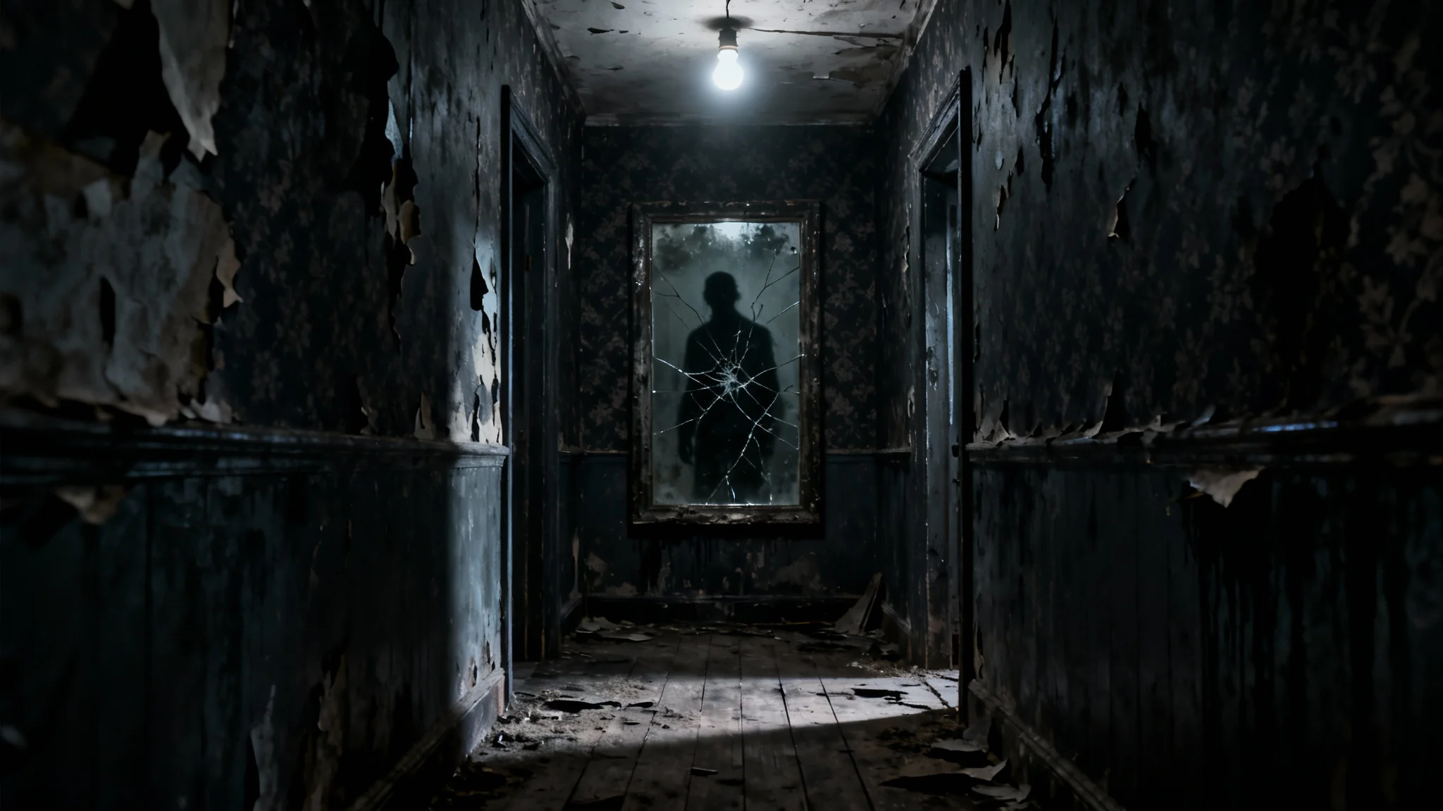 A photorealistic horror scene mockup of a dark, abandoned hallway with a flickering light, peeling wallpaper, and a mirror reflecting a shadowy figure.