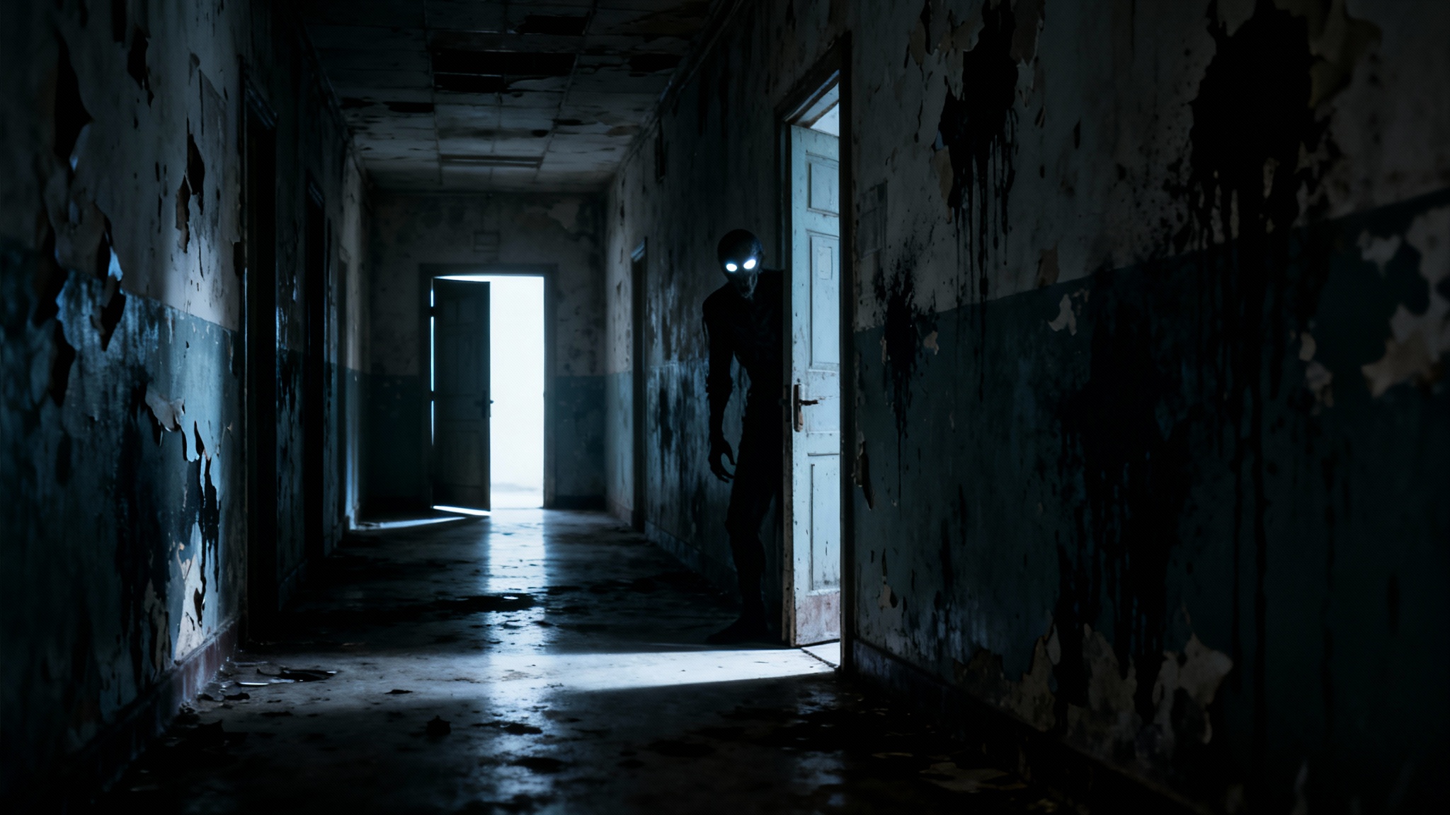 A photorealistic horror scene depicting a long, dark, decaying asylum hallway from a first-person perspective, with a shadowy figure lurking in a doorway.