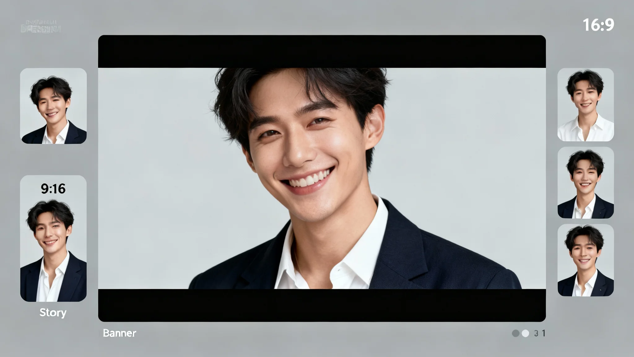 A collage showing a single photo of a smiling person resized into multiple formats, including a large central image, a square, a vertical story, and a wide banner, demonstrating an image resizing tool.