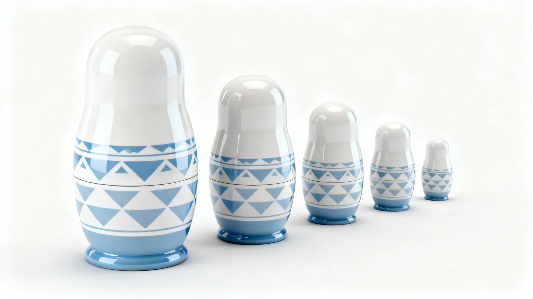 A set of modern Matryoshka nesting dolls arranged in a line from largest to smallest on a white background, visually representing the concept of resizing an image.