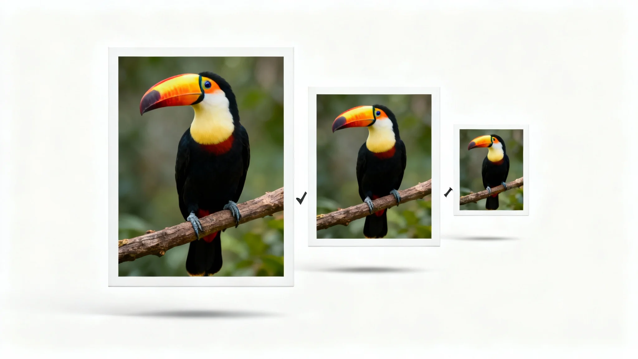 A visual representation of image resizing, showing three identical photos of a colorful toucan arranged in a row from largest to smallest on a white background.