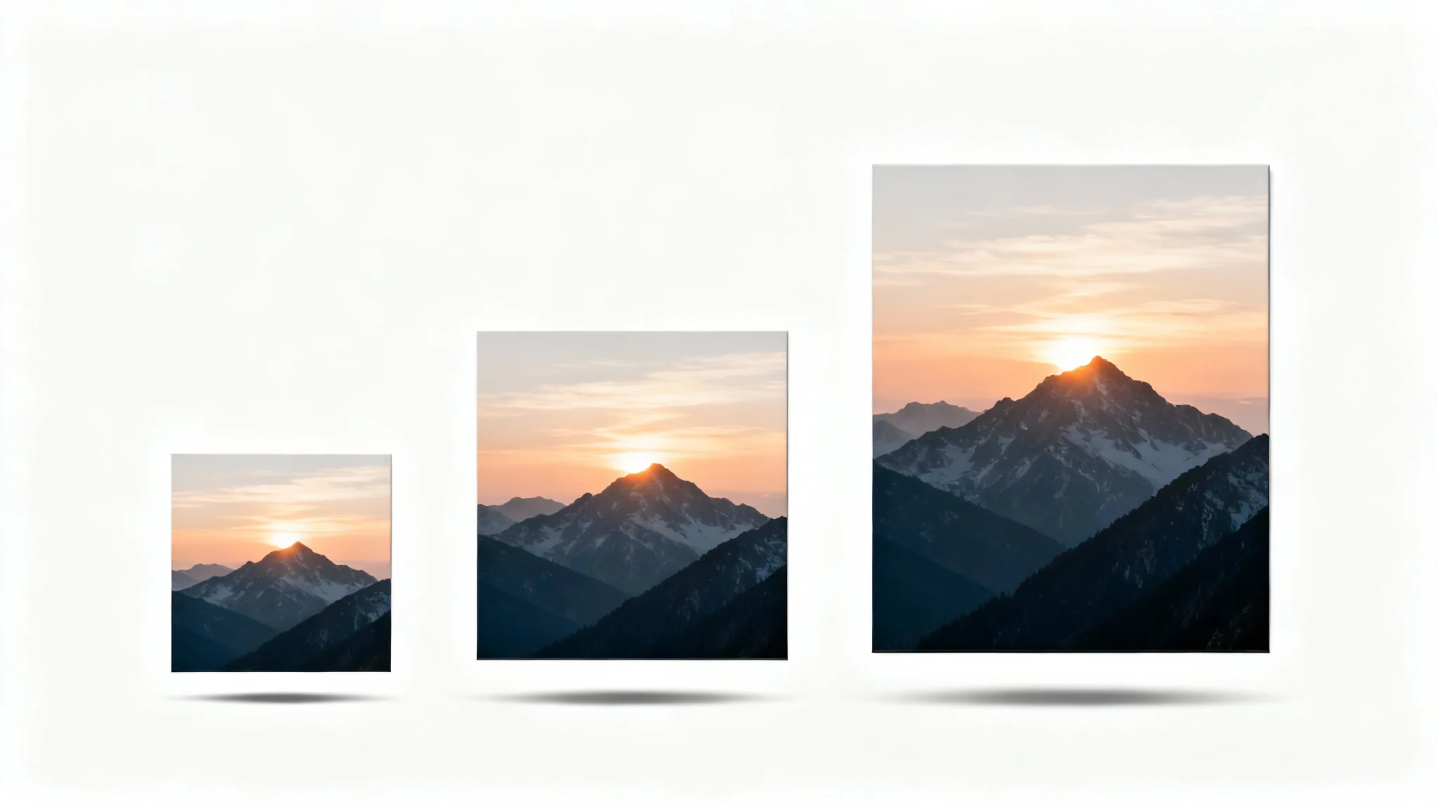 A visual representation of image resizing, showing three identical photos of a mountain landscape at different sizes, small, medium, and large, on a white background.