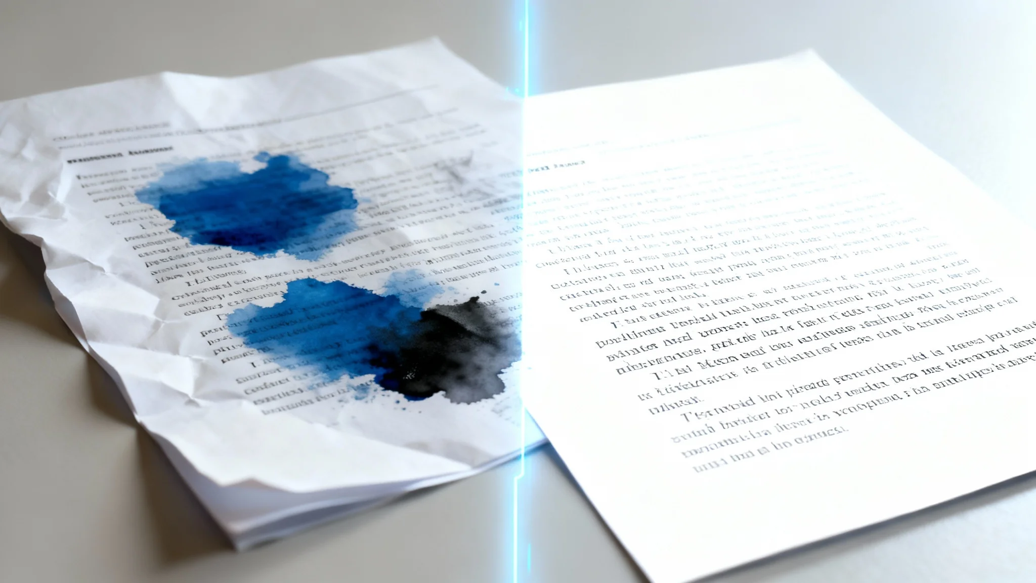 A split-screen comparison showing the result of removing ink stains from a document. The left side shows a paper with large ink stains obscuring the text, while the right side shows the same paper perfectly clean and readable.