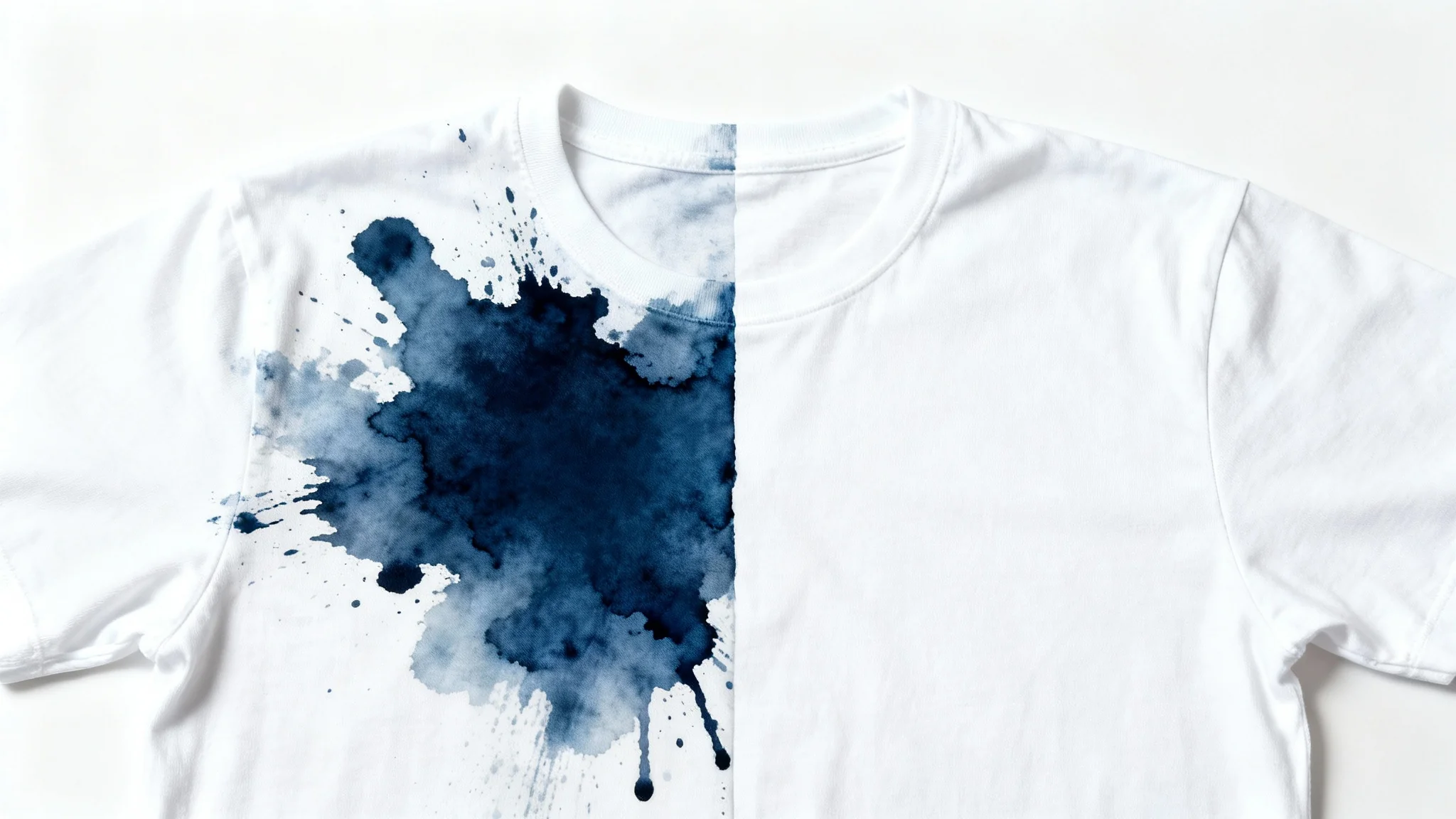 A before-and-after image showing a white cotton shirt. One half is stained with a large blue ink blot, and the other half is perfectly clean, demonstrating effective ink stain removal.