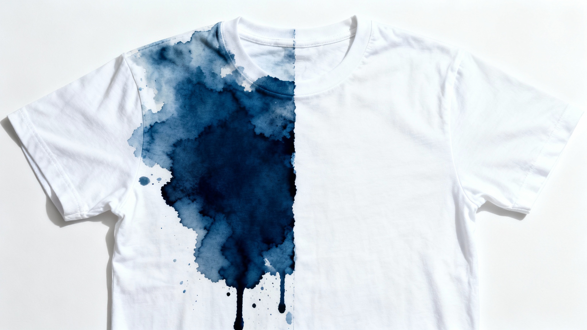 A before-and-after image of a white t-shirt on a white background, with one side heavily stained with blue ink and the other side perfectly clean, demonstrating an effective ink stain removal.