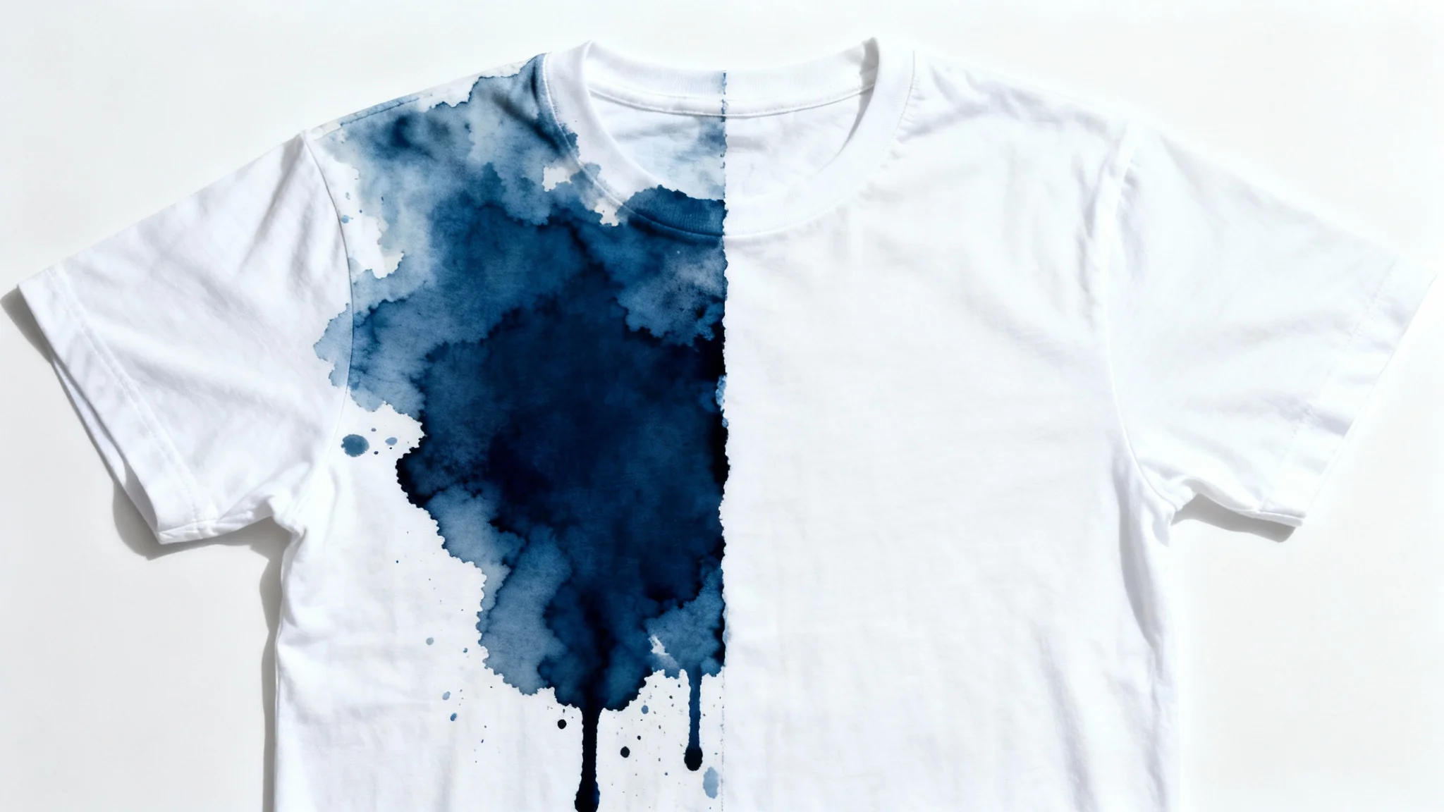 A before-and-after image of a white t-shirt on a white background, with one side heavily stained with blue ink and the other side perfectly clean, demonstrating an effective ink stain removal.