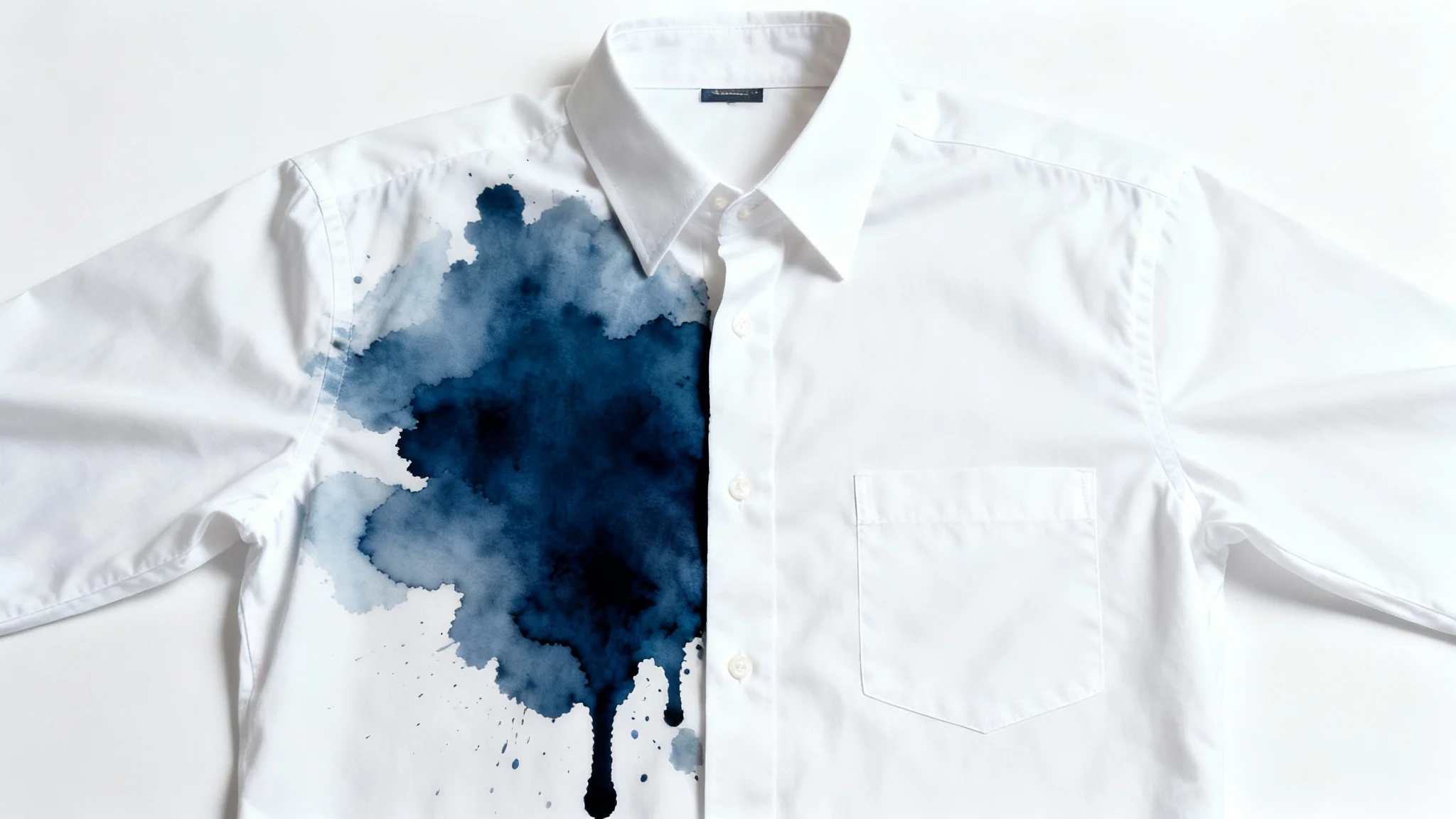 A close-up of a white cotton shirt, half of which has a large dark ink stain and the other half is perfectly clean, demonstrating the effect of an ink stain remover.