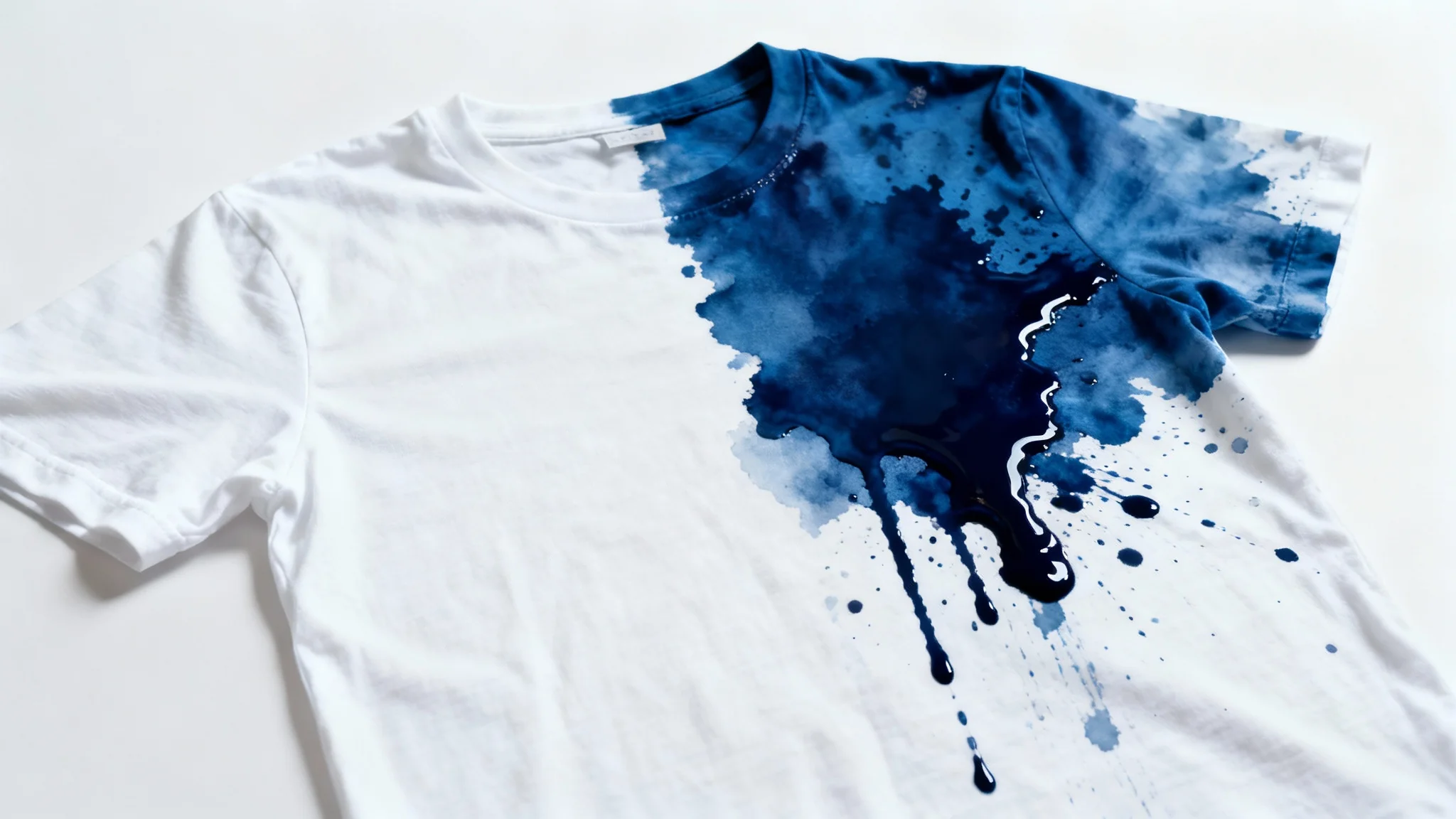 A before-and-after image of a white t-shirt. One half is stained with a large blue ink blot, while the other half is perfectly clean, demonstrating an effective ink stain removal solution.