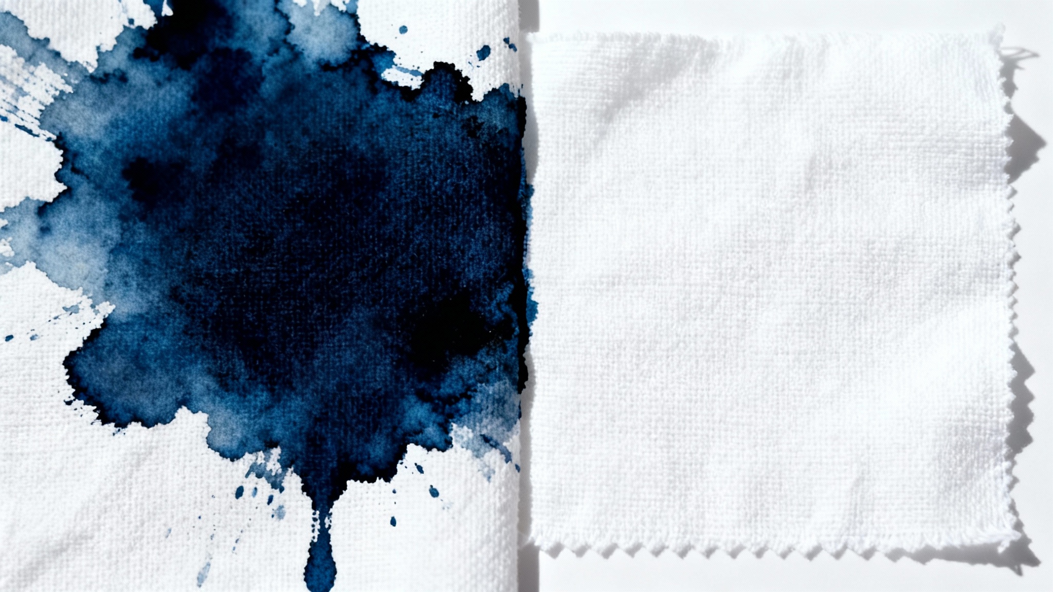 A close-up image split in two, showing a large blue ink stain on a white shirt on one side, and the same area perfectly clean and white on the other, demonstrating stain removal.