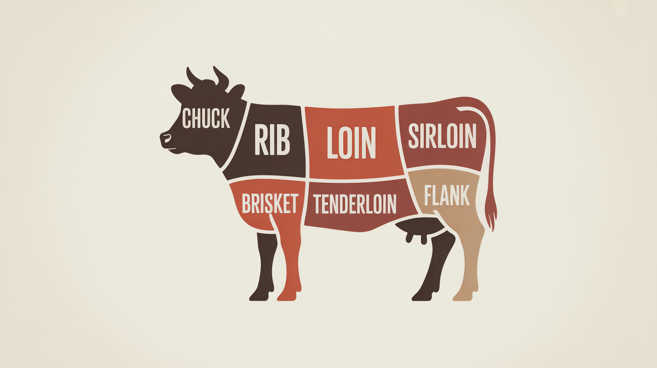 A professionally designed chart illustrating the different cuts of beef on a cow. The chart features a clean, modern design with clear labels for sections like sirloin, rib, and brisket, set against a white background.
