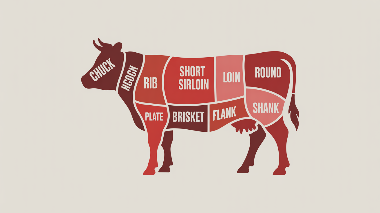A clear, illustrative chart of a cow showing the different cuts of beef, with labels such as 'Chuck', 'Rib', and 'Sirloin'. The background is white.