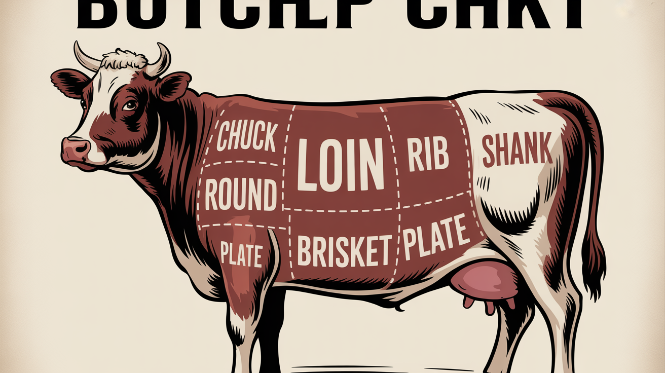 A vintage-style butcher's chart illustrating the different cuts of beef on a cow. Each cut, such as Chuck, Rib, and Loin, is clearly labeled.