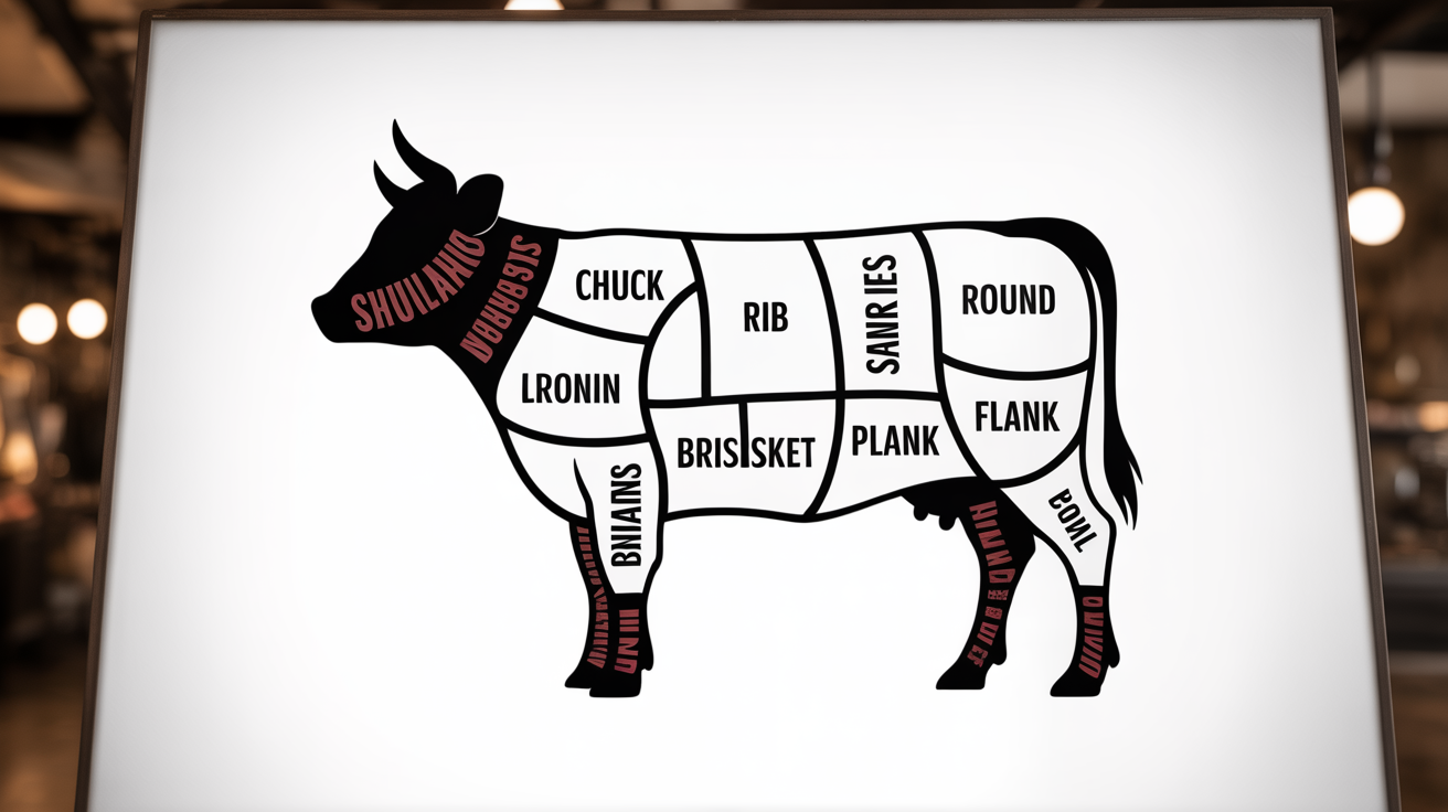A clean and modern infographic chart showing the different cuts of beef on a stylized cow silhouette, with labels for each section like Chuck, Rib, and Loin.
