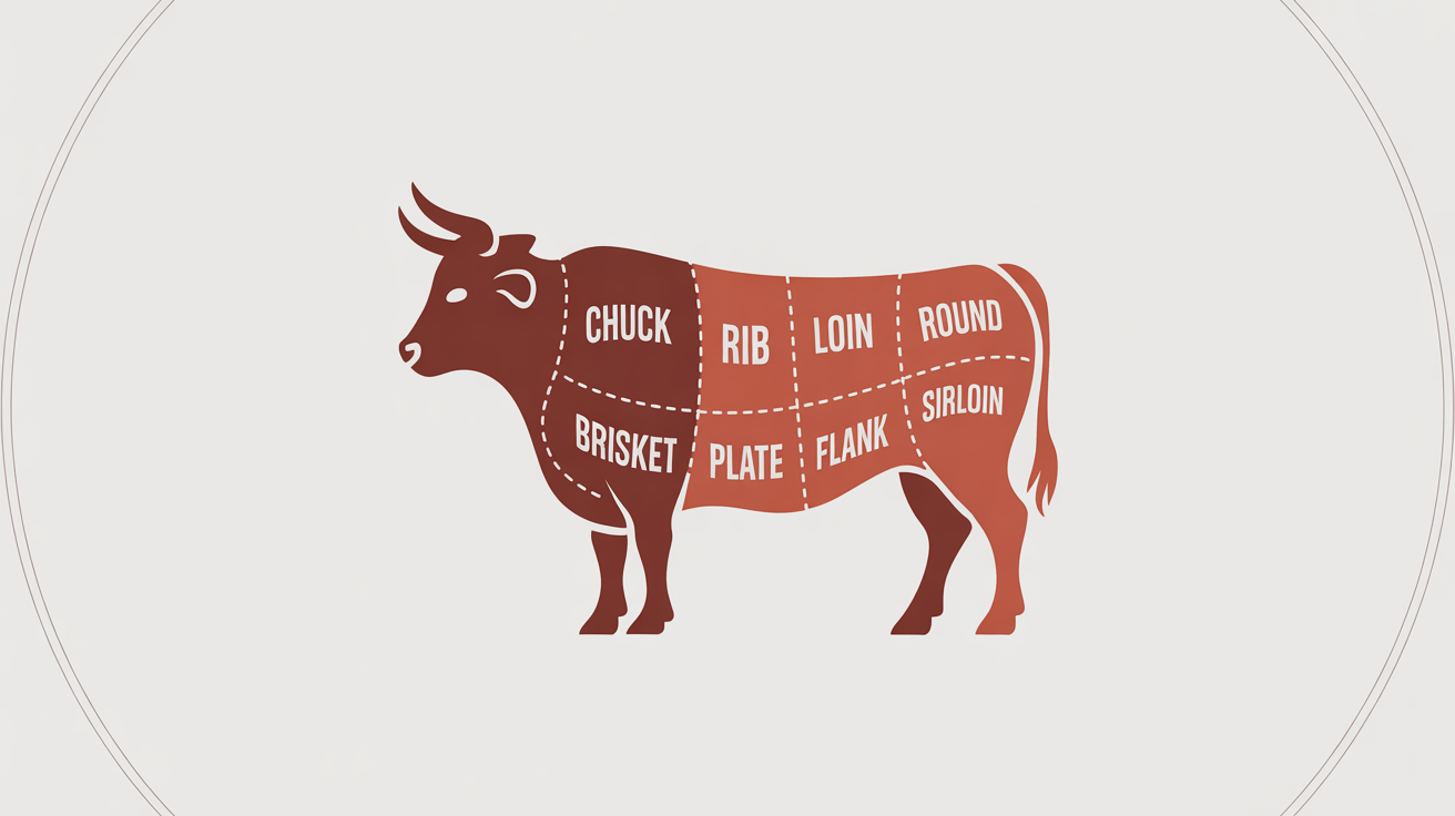 A stylized butcher's chart showing the primal cuts of beef on a cow, with each section clearly labeled. The background is clean and white.