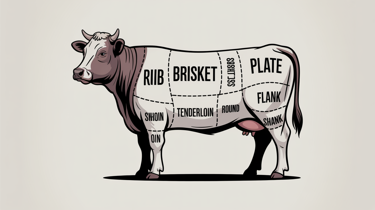 A clear, illustrated chart of a cow showing the different cuts of beef, such as 'Chuck', 'Rib', and 'Loin', against a clean white background. The style is modern and educational.