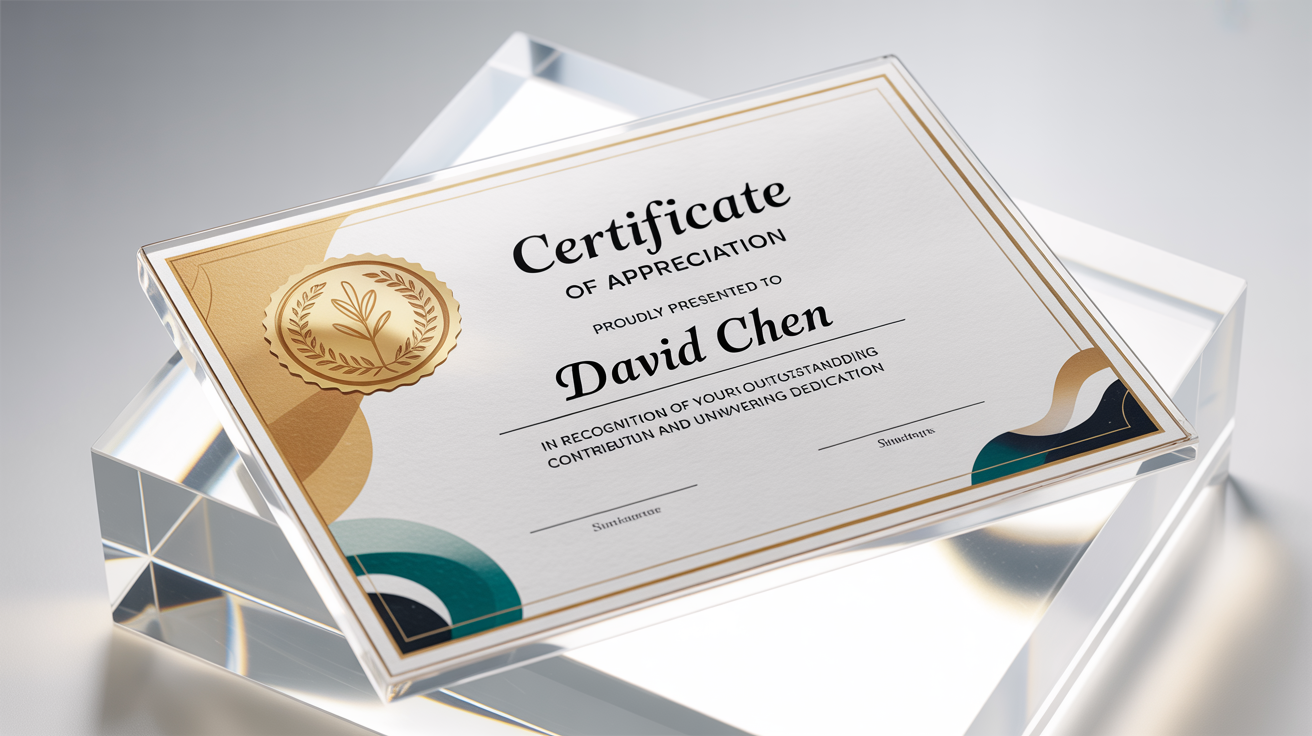 A modern, professionally designed Certificate of Appreciation with teal and gold accents, laid out on a clean, minimalist background.