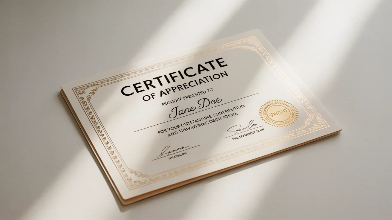A professional appreciation certificate mockup on a white background, featuring elegant typography, a gold foil border, and a seal.