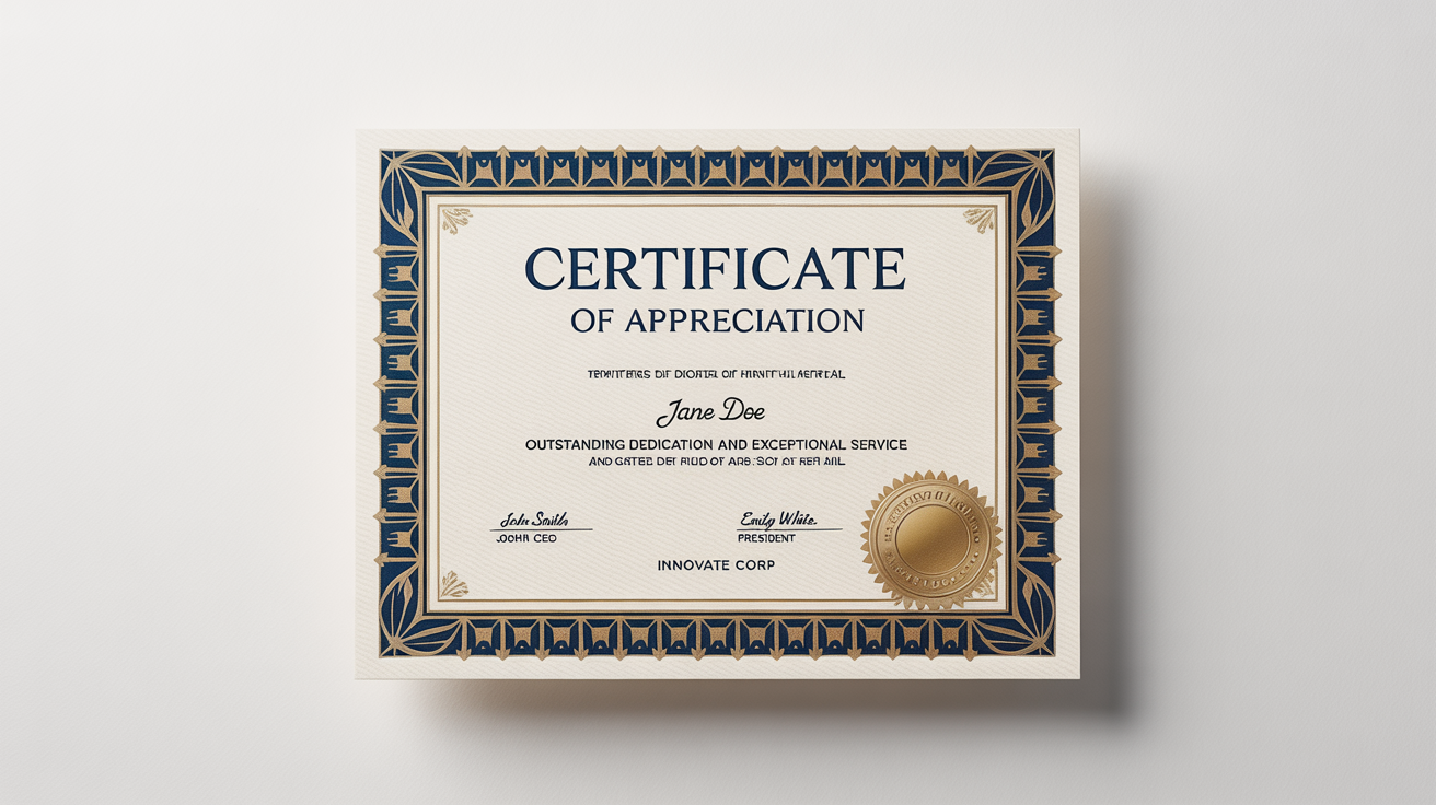 An elegant, professionally designed certificate of appreciation with a gold and navy blue border, featuring fictional names and company, displayed on a plain white background.
