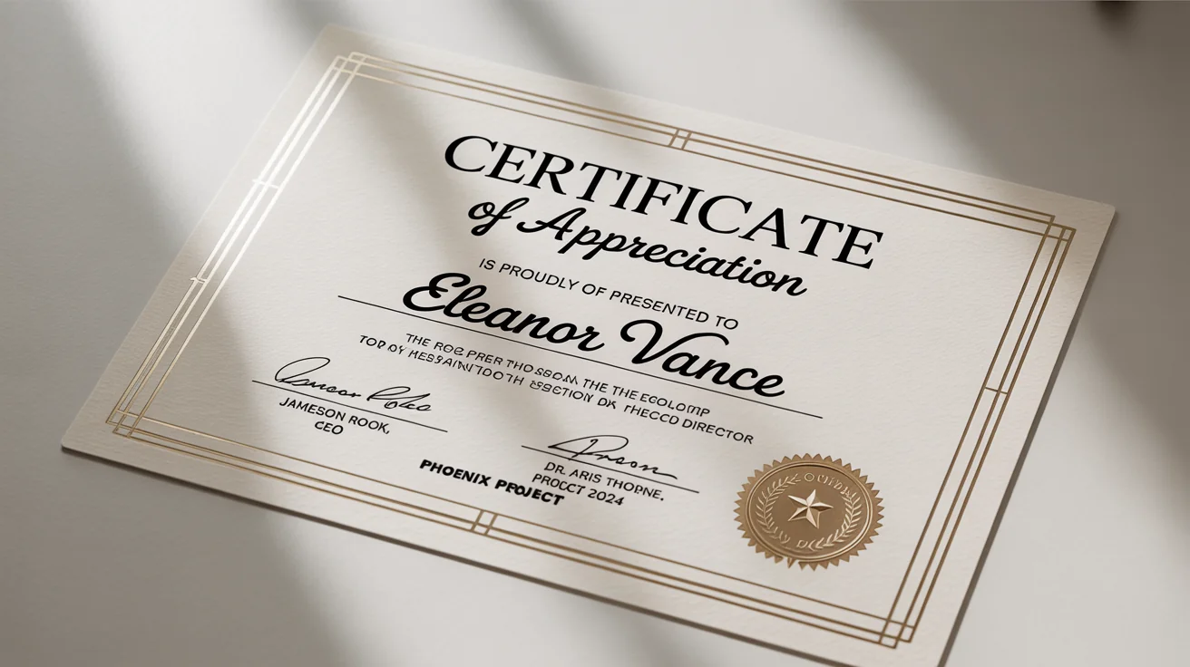 A high-quality mockup of an elegant Certificate of Appreciation on a white background, featuring gold foil details and professional typography.