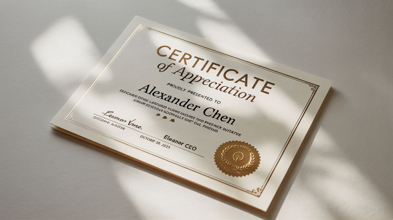 An elegant, professionally designed certificate of appreciation for 'Alexander Chen' with gold foil text and a gold seal, displayed on a clean white background.