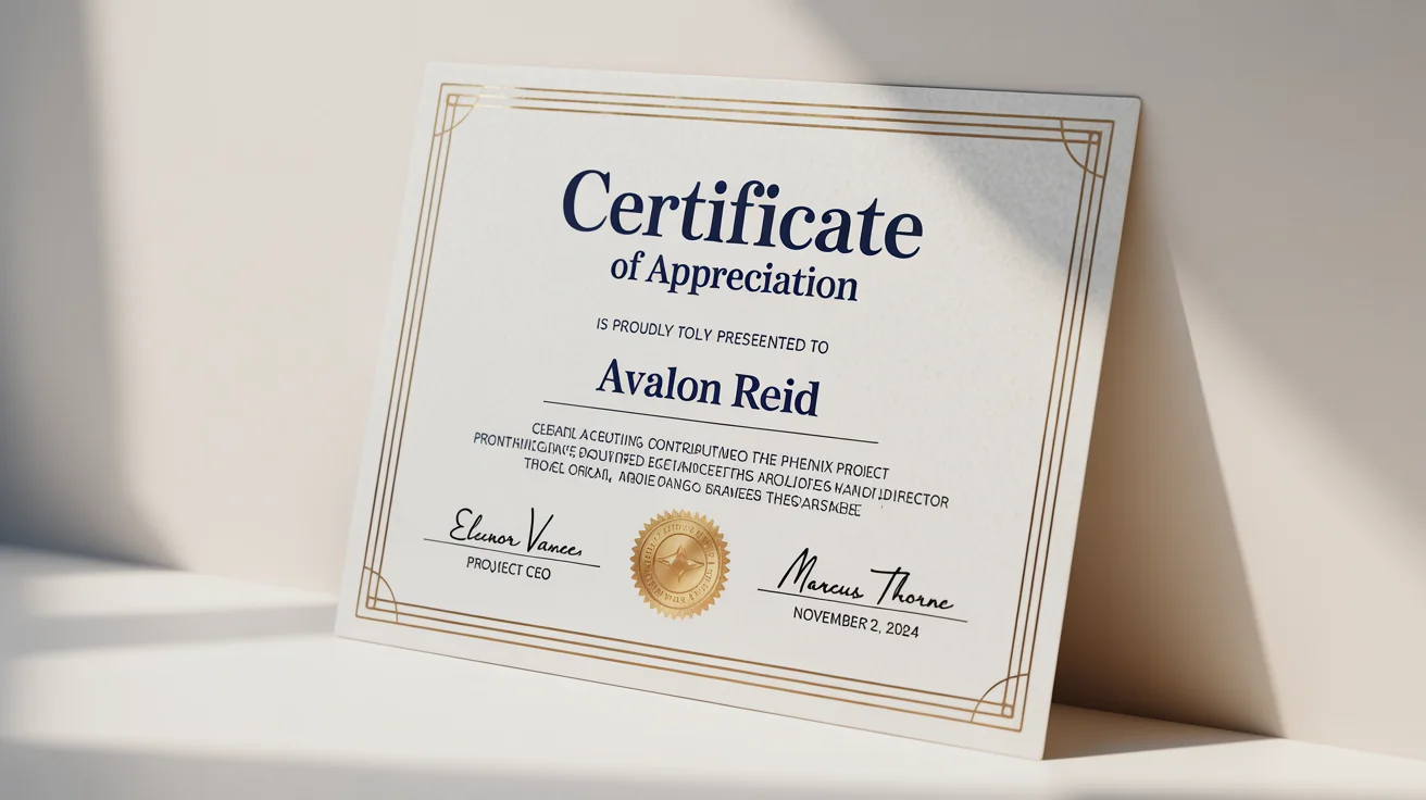 An elegant Certificate of Appreciation for Avalon Reid, featuring a navy blue and gold foil design on cream paper, displayed on a clean white background.