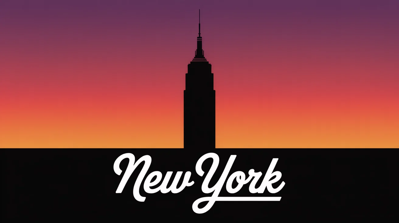 A graphic design poster showing a black silhouette of the Empire State Building against a vibrant orange and purple sunset sky. The words 'NEW YORK' are written in white script below the building.