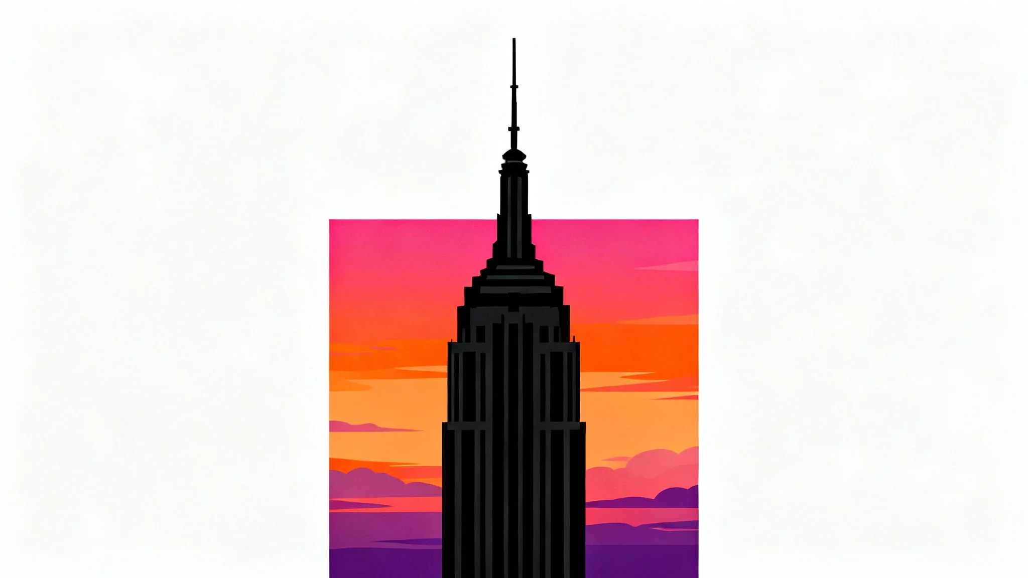 A graphic illustration of the Empire State Building's black silhouette set against a vibrant orange and purple sunset, on a clean white background.