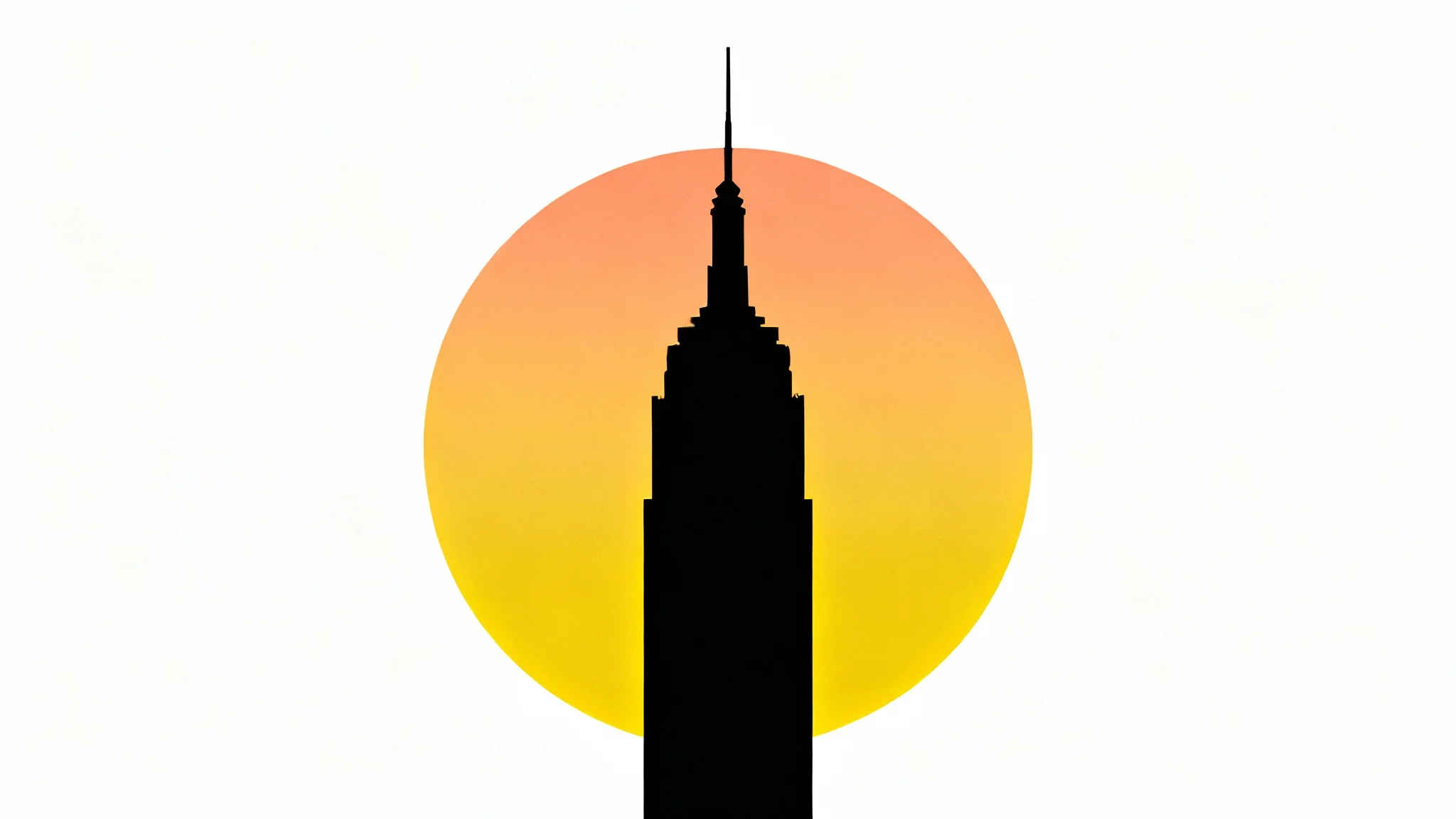 A modern black silhouette of the Empire State Building set against a stylized circular sunrise on a clean white background.
