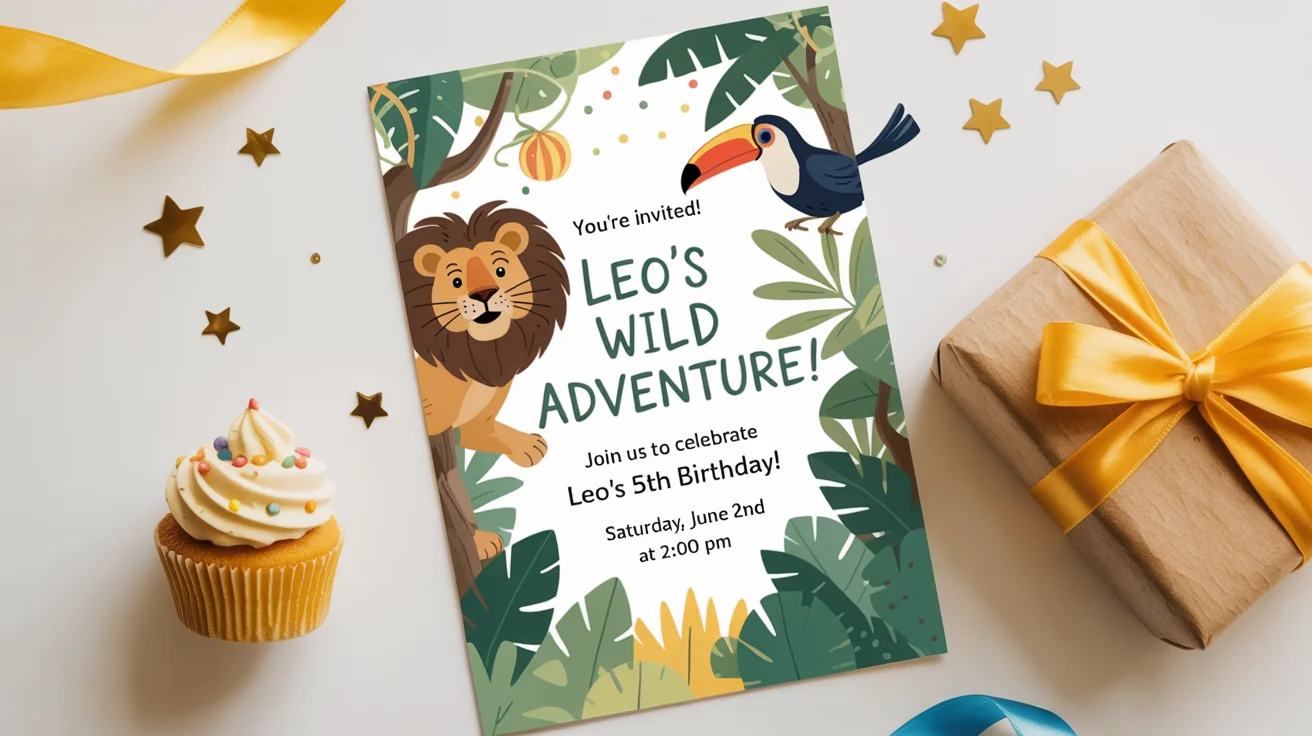 A flat lay image of a custom children's birthday invitation with a jungle theme, surrounded by a cupcake, confetti, and a small gift on a white background.