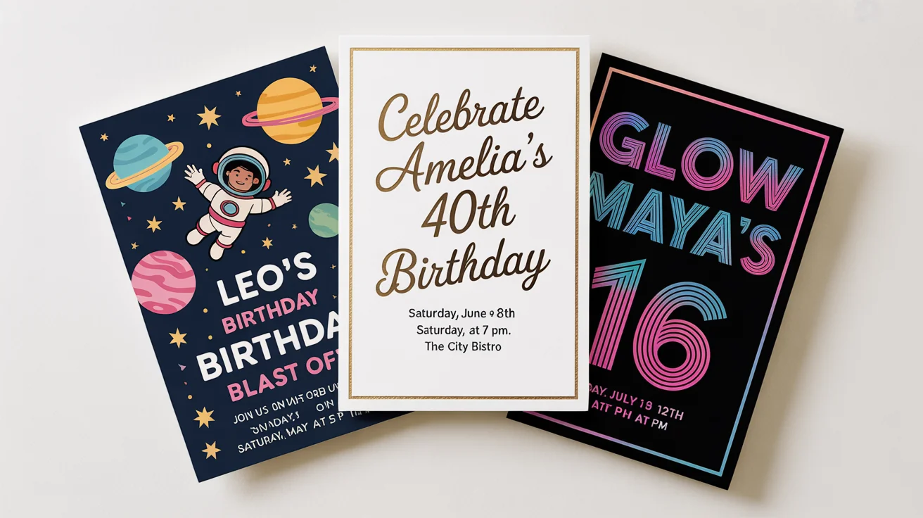 A vibrant display of three custom birthday invitations for different ages, fanned out on a white background, showcasing various design themes from a child's space party to an elegant 40th birthday.