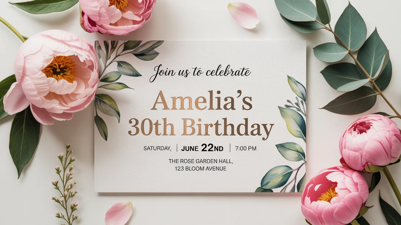 An elegant, custom-designed birthday invitation with pink floral watercolor illustrations and gold text, displayed on a clean white background with scattered flower petals.