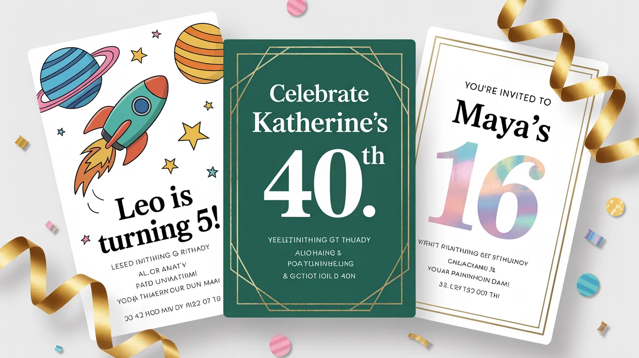 A flat lay of three beautiful, custom birthday invitations on a white background, showcasing different themes for a child's space party, an elegant 40th birthday, and a trendy sweet 16.