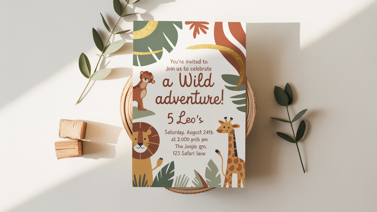 A stylish, flat lay photo of a custom children's birthday invitation with a jungle safari theme, set against a clean white background. The invitation features cute animal illustrations and gold foil text.