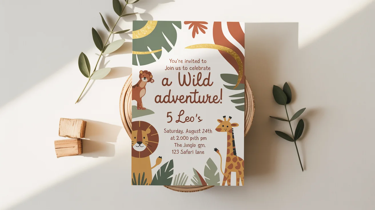 A stylish, flat lay photo of a custom children's birthday invitation with a jungle safari theme, set against a clean white background. The invitation features cute animal illustrations and gold foil text.
