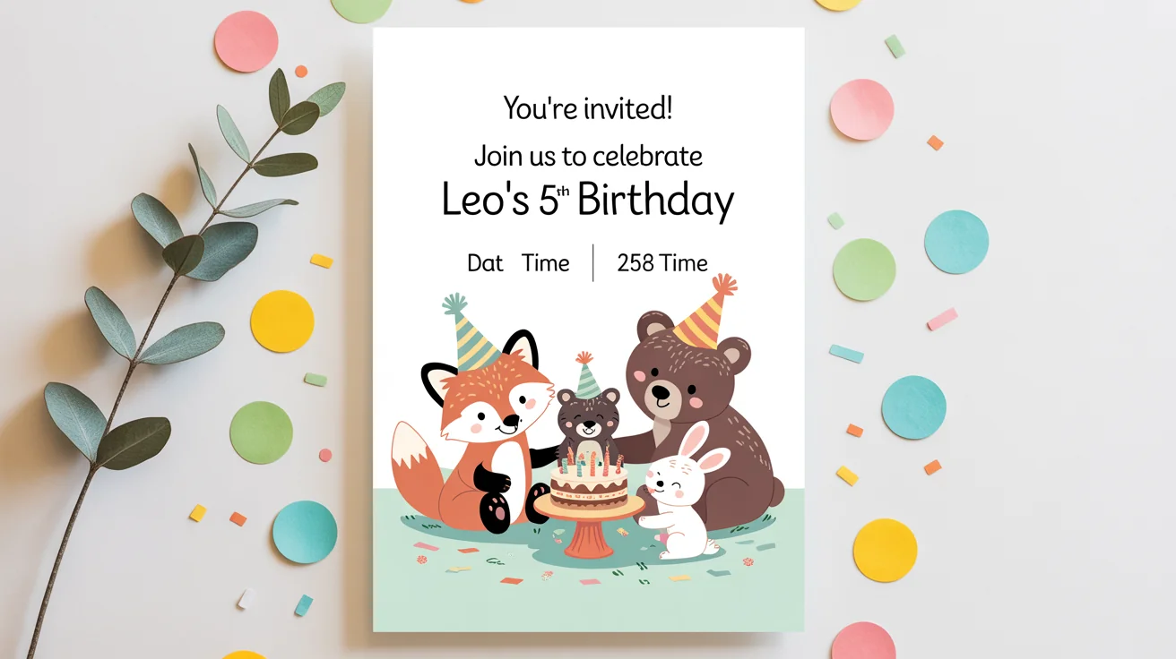 A custom birthday invitation for a child named Leo's 5th birthday, featuring whimsical illustrations of woodland animals, displayed on a clean white background with scattered confetti.