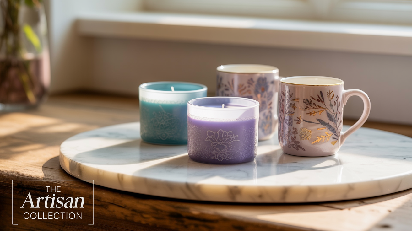 A professional hero image for an Etsy shop displaying handmade candles and mugs on a white marble surface, enhanced with perfect lighting and a text overlay that reads 'The Artisan Collection'.