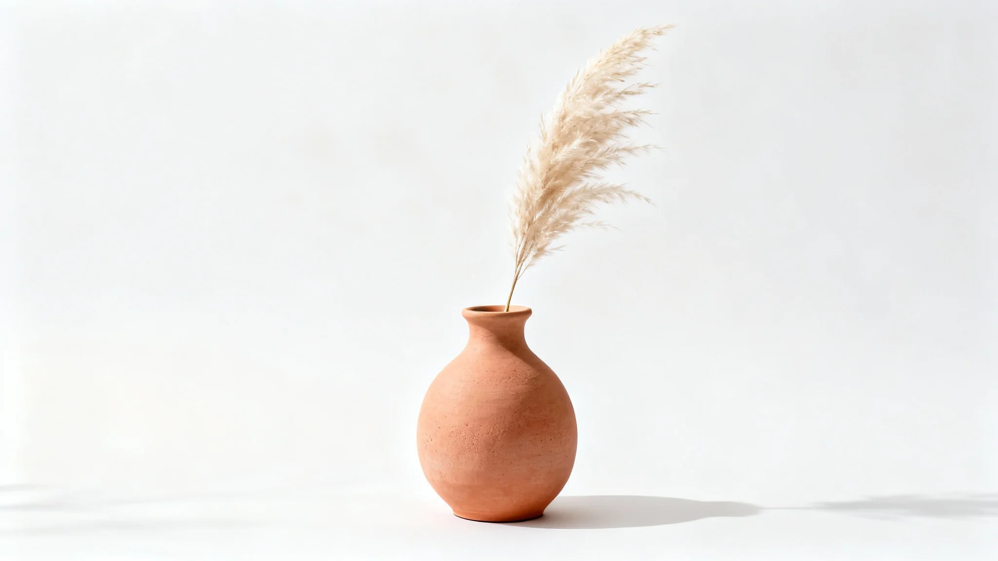 A professional product photograph of a terracotta-colored ceramic vase with a sprig of pampas grass, shot against a clean white background in a minimalist style for an Etsy listing.