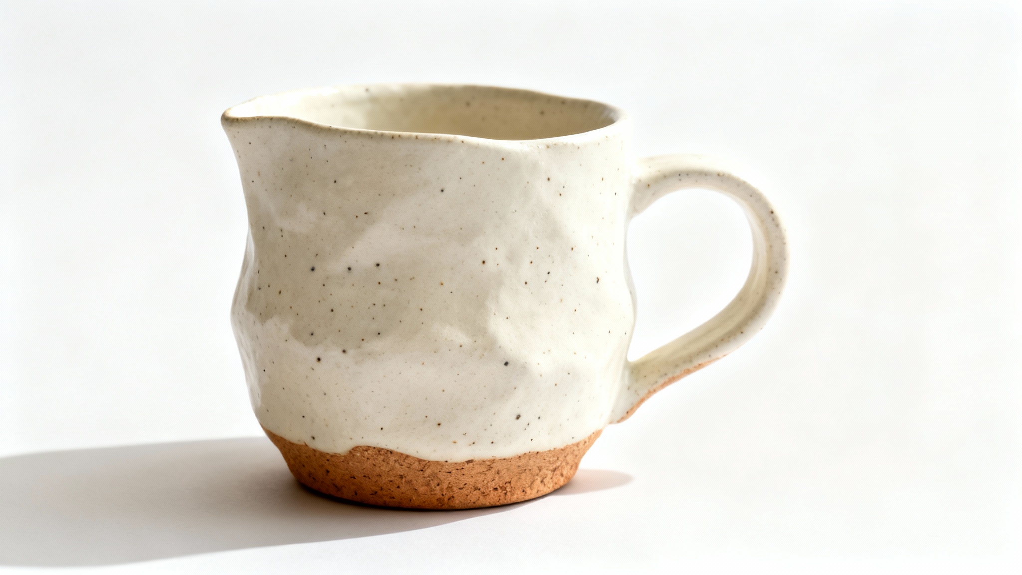A high-quality product photograph of a handmade ceramic mug with a speckled cream glaze, sitting on a flat surface against a solid white background, styled for an Etsy shop.