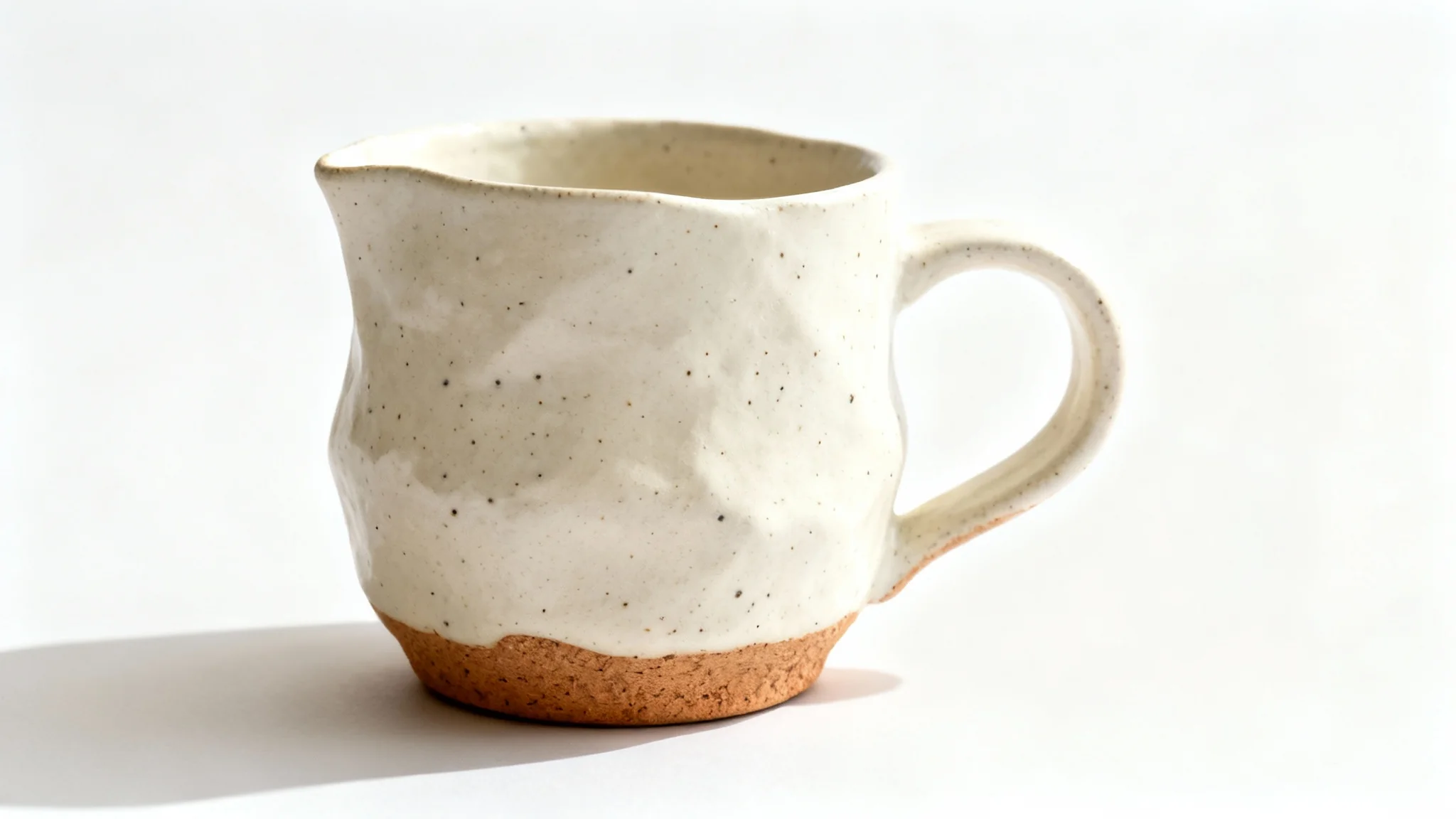 A high-quality product photograph of a handmade ceramic mug with a speckled cream glaze, sitting on a flat surface against a solid white background, styled for an Etsy shop.