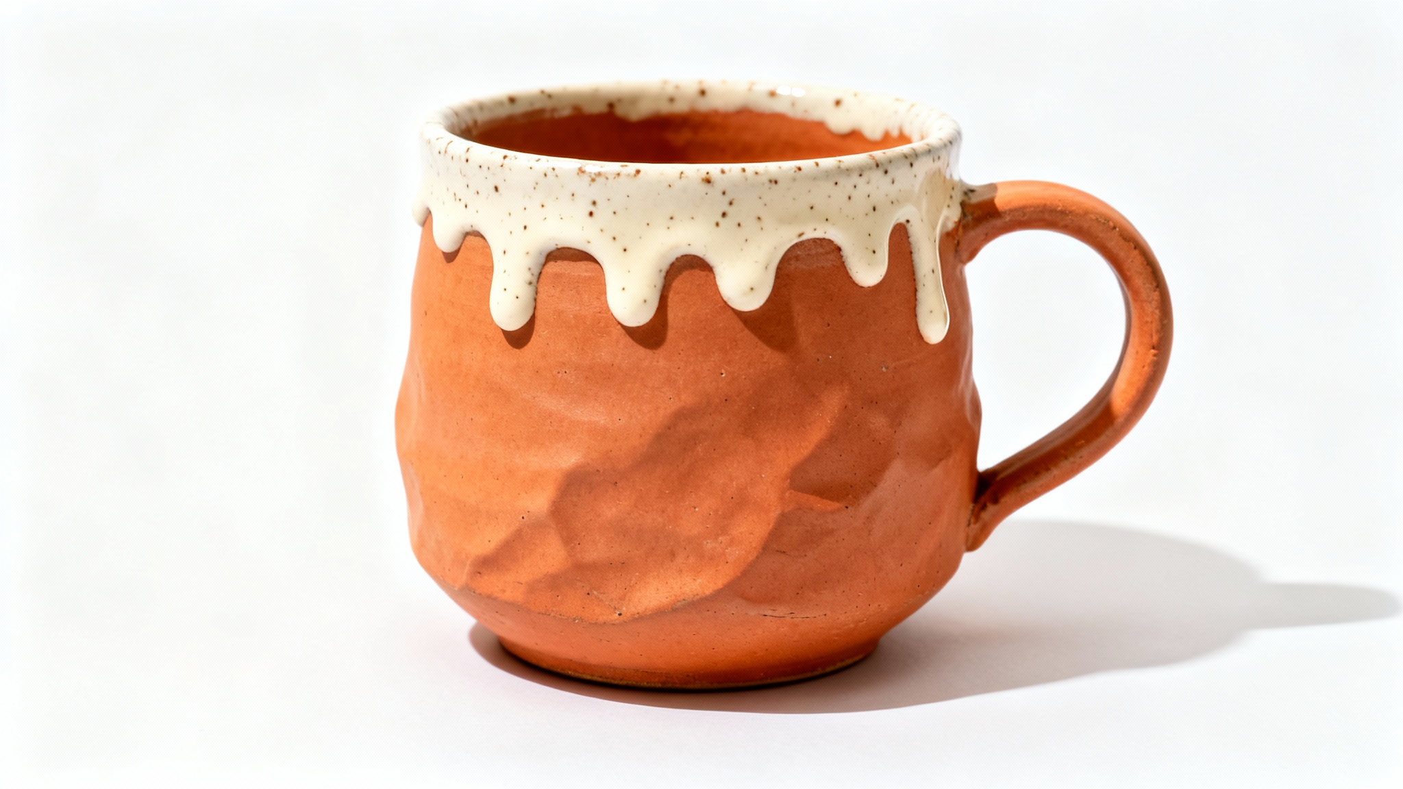 A professional product photograph of a single handmade terracotta ceramic mug with a speckled cream glaze, shot against a clean white background to be used as an Etsy product photo.