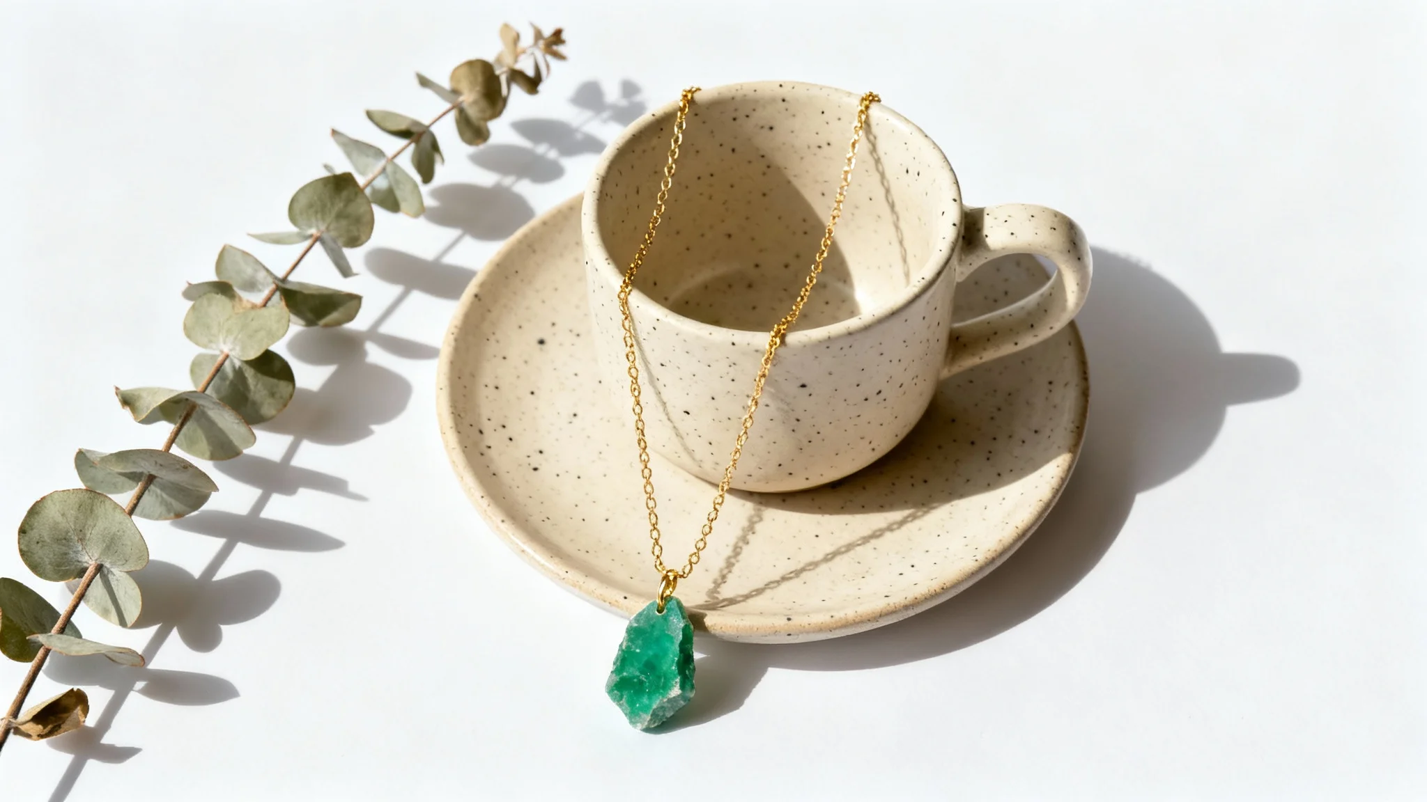 An overhead shot of handmade products, including a ceramic mug and gold jewelry, professionally photographed for an Etsy shop against a white background.