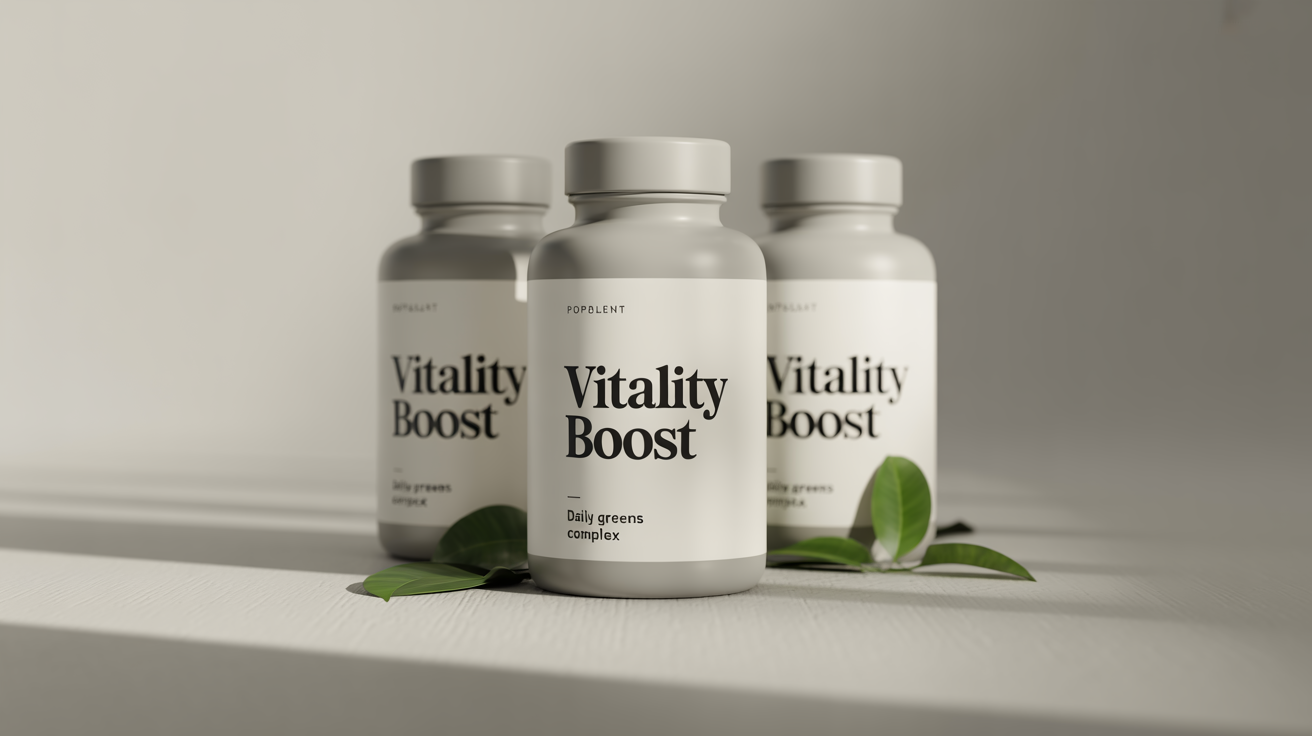 A professional hero image showing three photorealistic white supplement bottles with modern labels that read 'VITALITY BOOST', set against a clean studio background with green leaves.