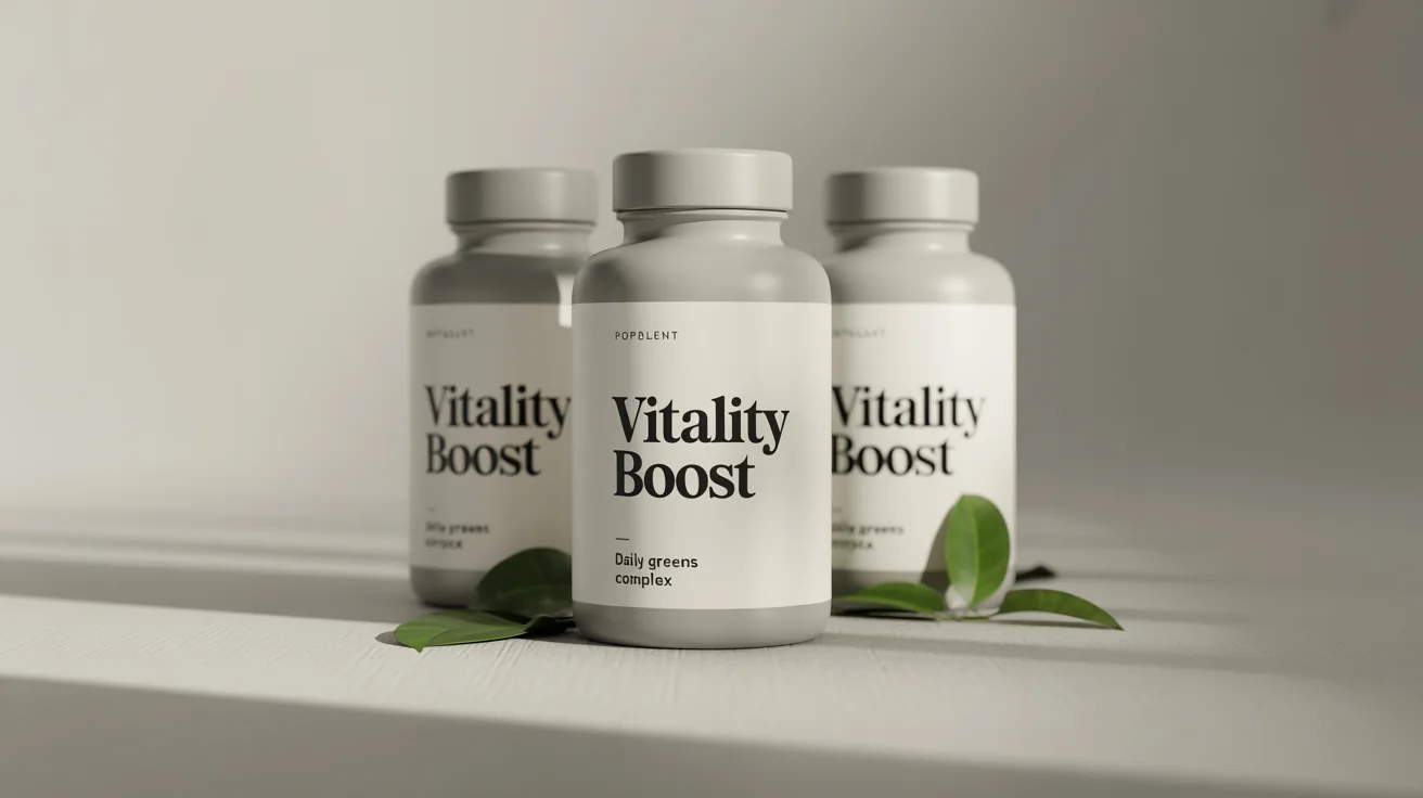 A professional hero image showing three photorealistic white supplement bottles with modern labels that read 'VITALITY BOOST', set against a clean studio background with green leaves.